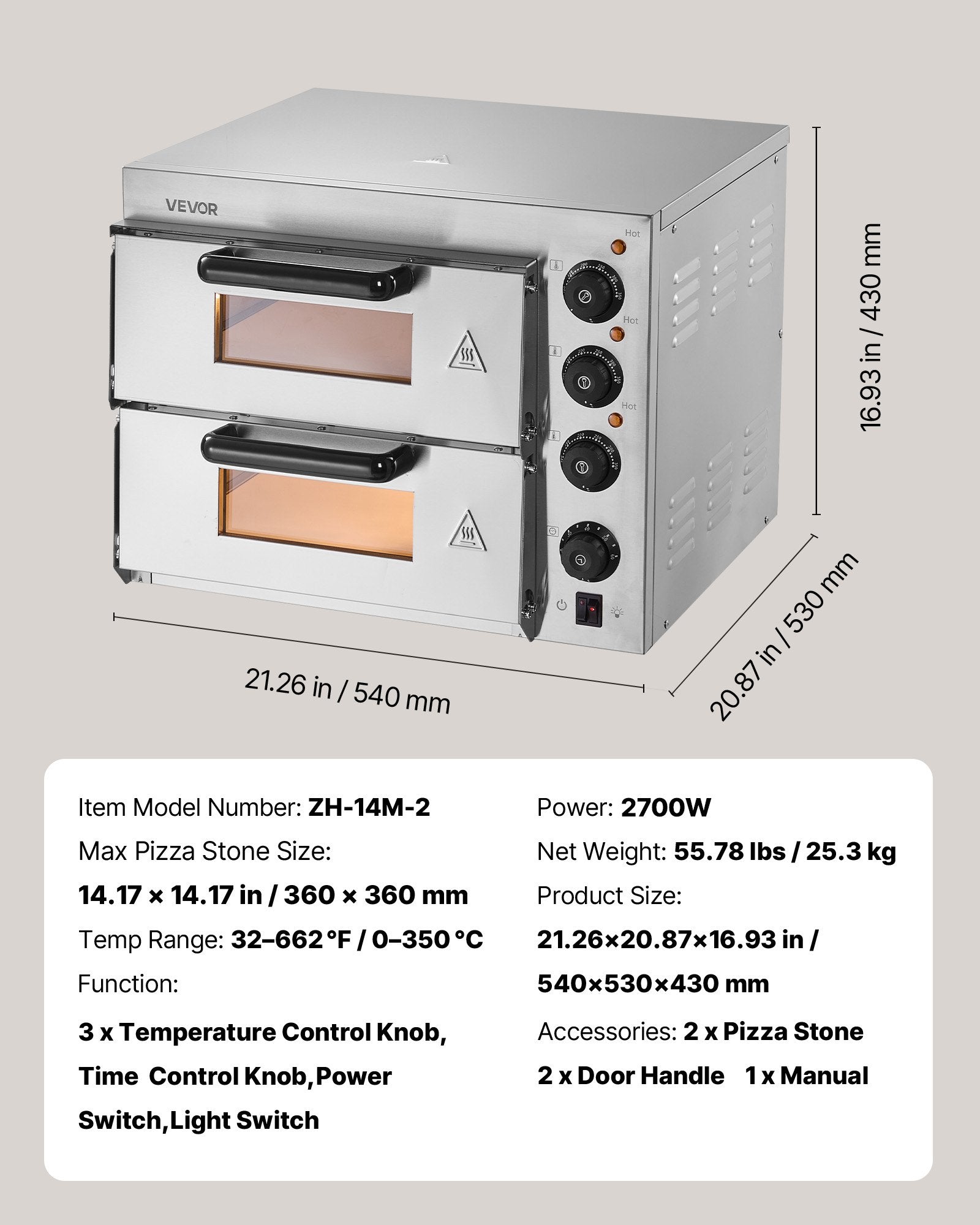 Commercial Pizza Oven Countertop, 14-Inch Double Deck Layer, Stainless Steel Electric Pizza Oven with Stone and Handle, Multipurpose Indoor Pizza Maker for Restaurant Home Pretzels Baked
