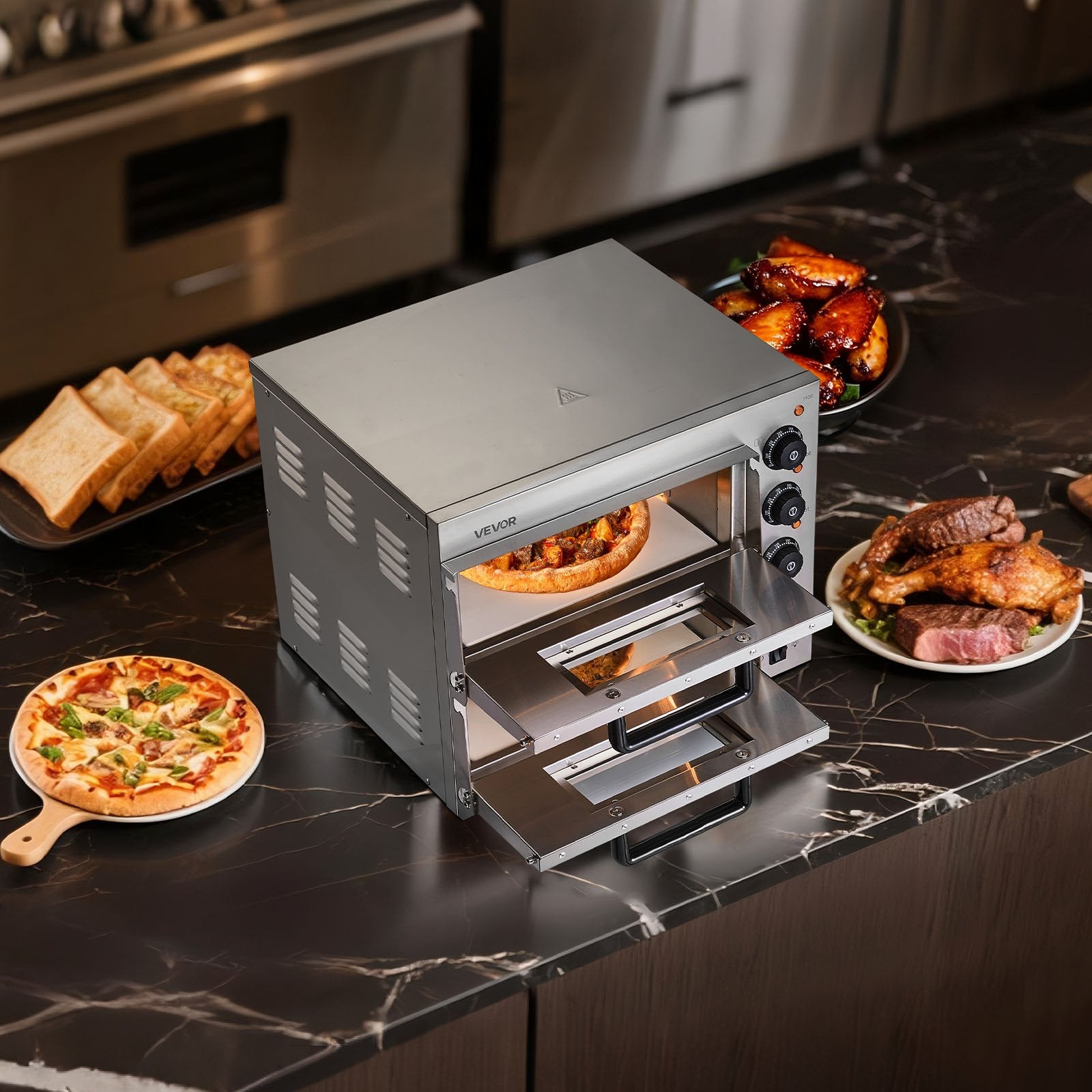 Commercial Pizza Oven Countertop, 14-Inch Double Deck Layer, Stainless Steel Electric Pizza Oven with Stone and Handle, Multipurpose Indoor Pizza Maker for Restaurant Home Pretzels Baked