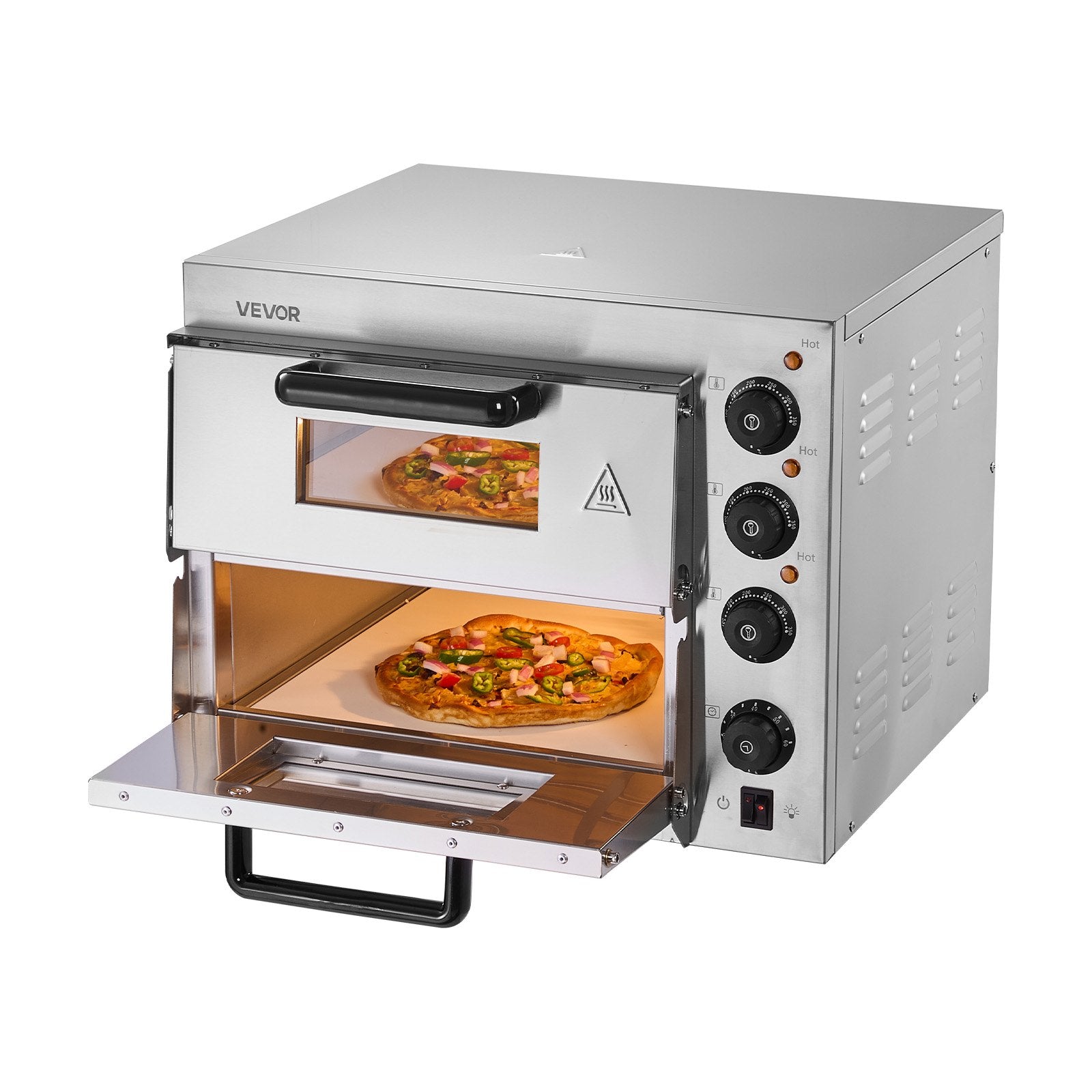 Commercial Pizza Oven Countertop, 14-Inch Double Deck Layer, Stainless Steel Electric Pizza Oven with Stone and Handle, Multipurpose Indoor Pizza Maker for Restaurant Home Pretzels Baked
