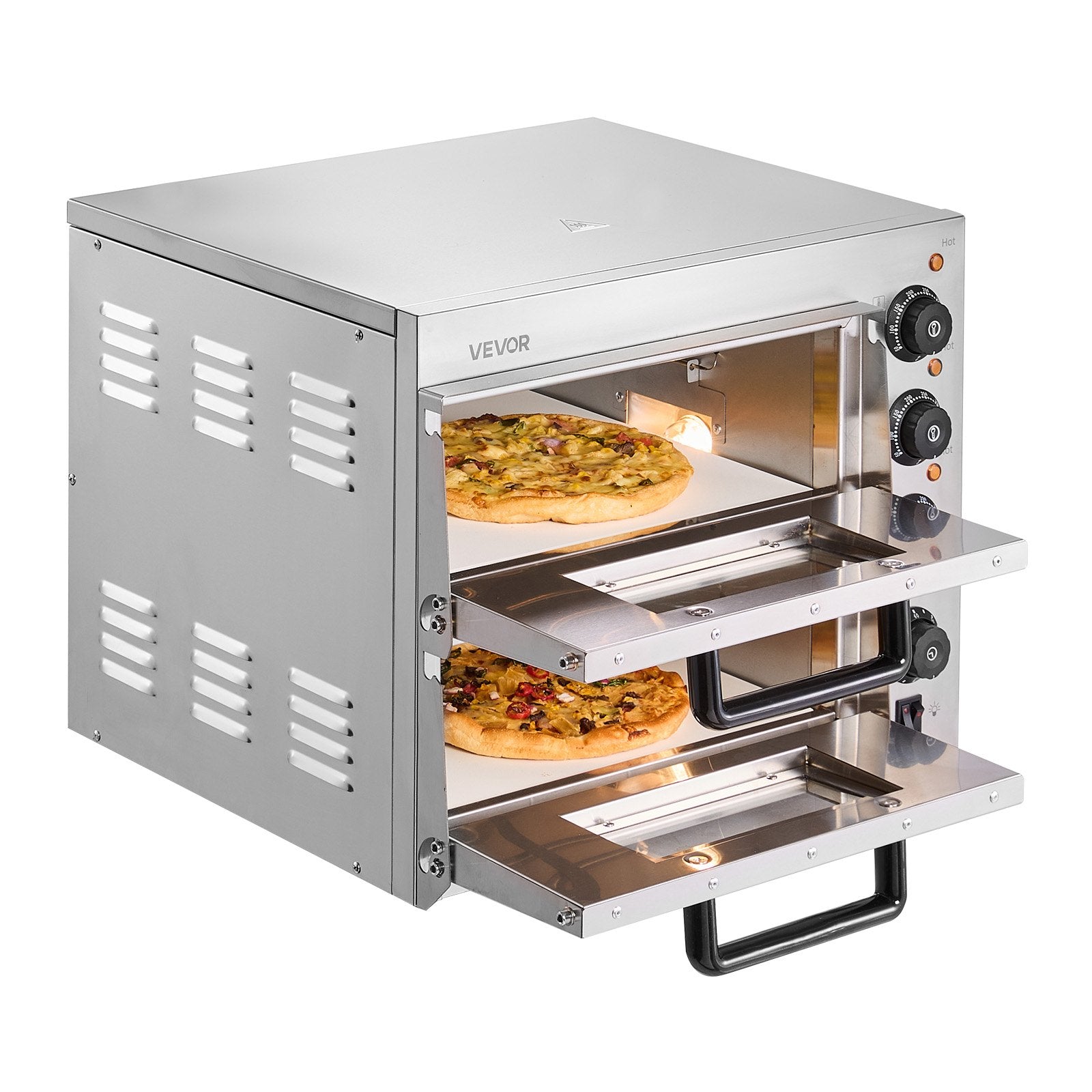 Commercial Pizza Oven Countertop, 14-Inch Double Deck Layer, Stainless Steel Electric Pizza Oven with Stone and Handle, Multipurpose Indoor Pizza Maker for Restaurant Home Pretzels Baked