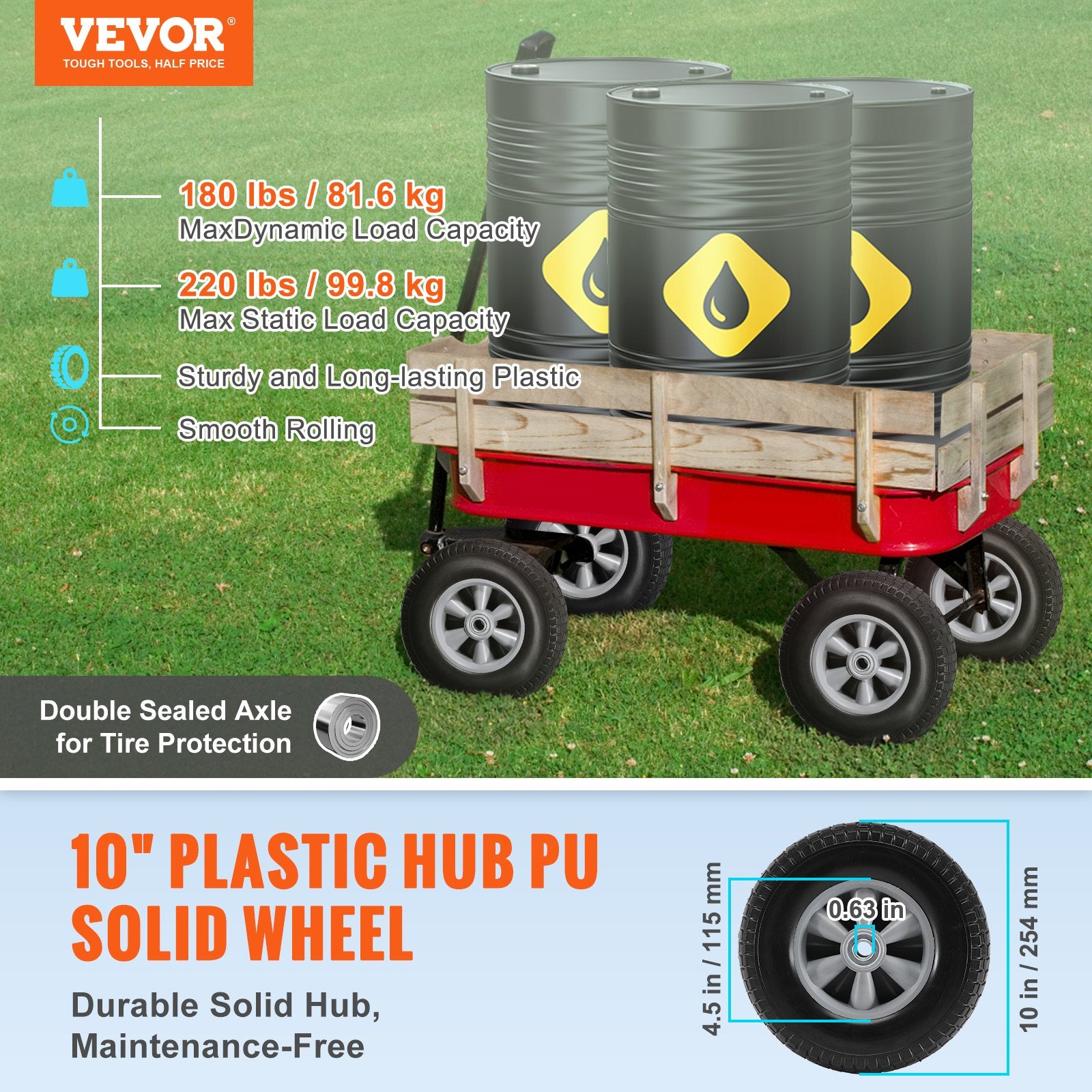Automotive Parts: VEVOR Solid PU Run-Flat Tire Wheel, 254 mm, 2-Pack, 81.6 kg Dynamic Load, 99.8 kg Static Load, Flat Free Tubeless Tires and Wheels for Hand Truck, Utility Cart, Dollies, Garden Trailers, Various Carts