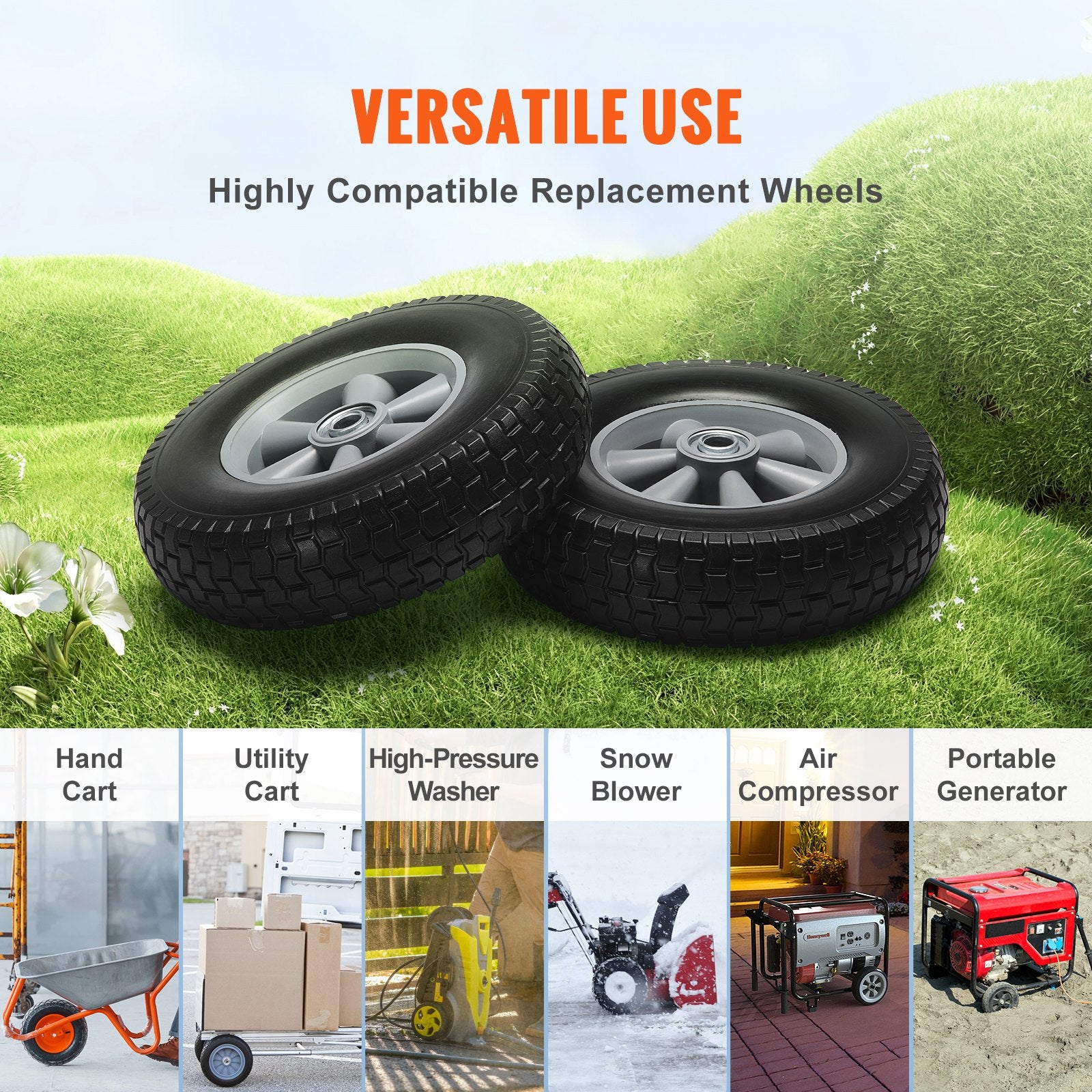 Automotive Parts: VEVOR Solid PU Run-Flat Tire Wheel, 254 mm, 2-Pack, 81.6 kg Dynamic Load, 99.8 kg Static Load, Flat Free Tubeless Tires and Wheels for Hand Truck, Utility Cart, Dollies, Garden Trailers, Various Carts