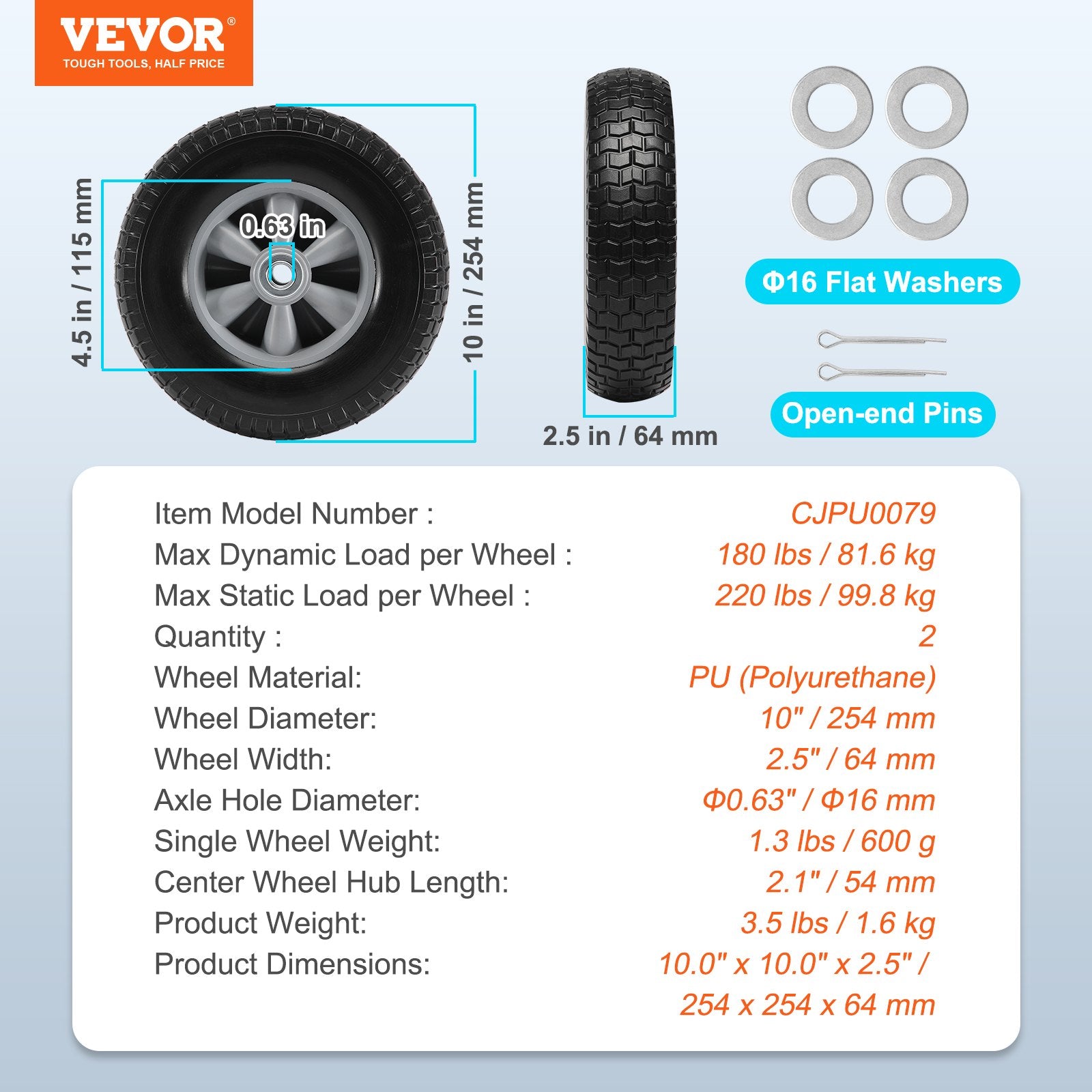 Automotive Parts: VEVOR Solid PU Run-Flat Tire Wheel, 254 mm, 2-Pack, 81.6 kg Dynamic Load, 99.8 kg Static Load, Flat Free Tubeless Tires and Wheels for Hand Truck, Utility Cart, Dollies, Garden Trailers, Various Carts