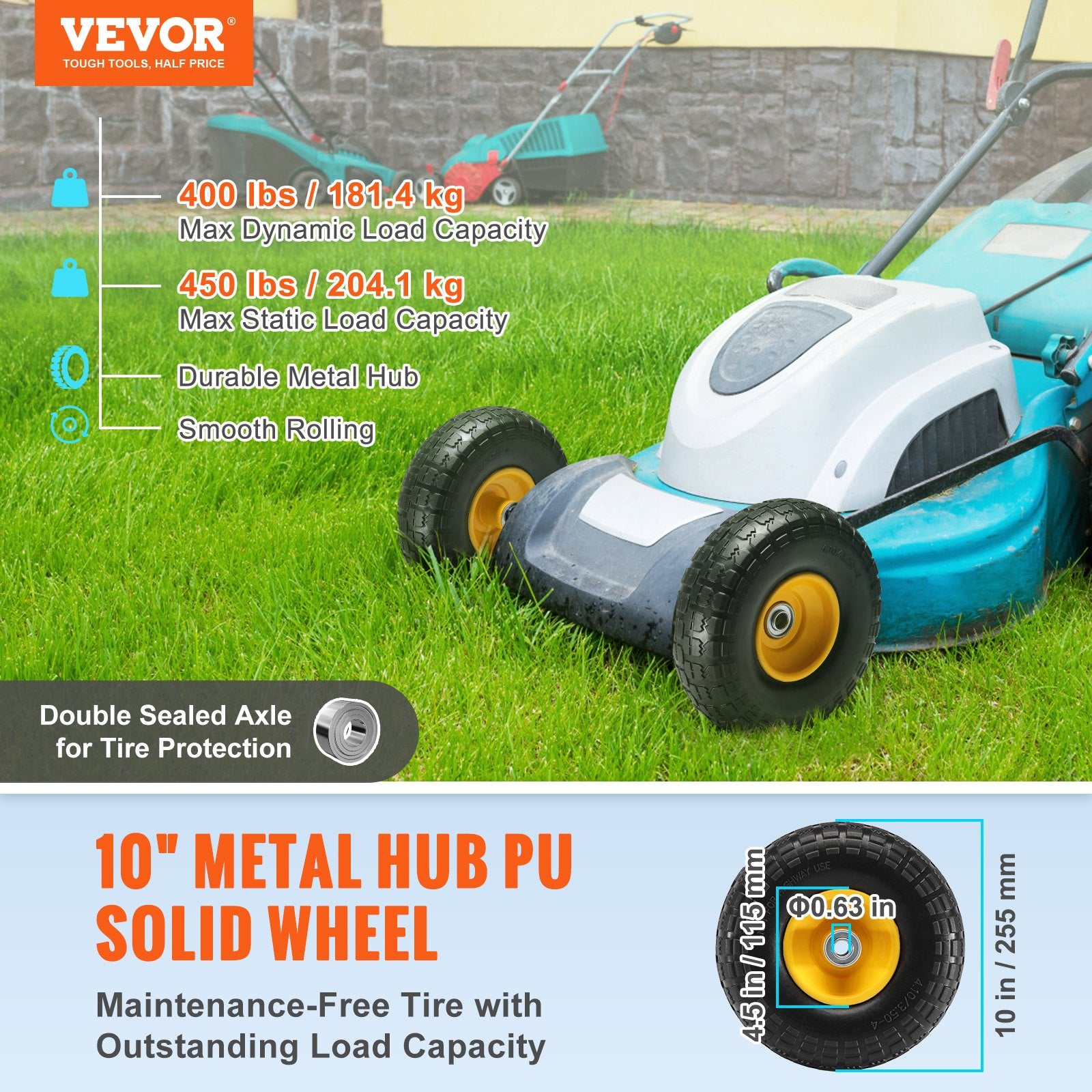 Automotive Parts: VEVOR Solid PU Run-Flat Tire Wheel, 254 mm, 2-Pack, 181.4 kg Dynamic Load, 204.1 kg Static Load, Flat Free Tubeless Tires and Wheels for Hand Truck, Utility Cart, Dolly, Garden Trailer, Various Carts