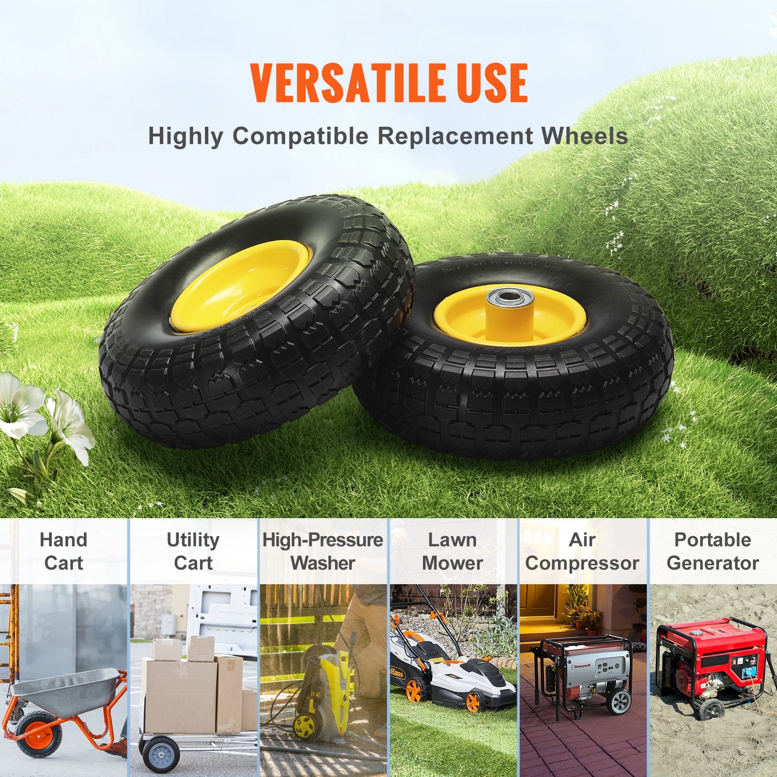 Automotive Parts: VEVOR Solid PU Run-Flat Tire Wheel, 254 mm, 2-Pack, 181.4 kg Dynamic Load, 204.1 kg Static Load, Flat Free Tubeless Tires and Wheels for Hand Truck, Utility Cart, Dolly, Garden Trailer, Various Carts