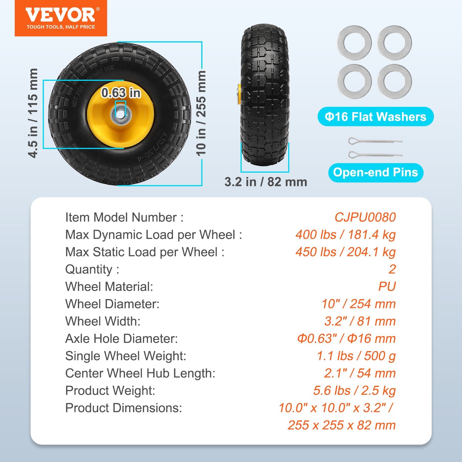 Automotive Parts: VEVOR Solid PU Run-Flat Tire Wheel, 254 mm, 2-Pack, 181.4 kg Dynamic Load, 204.1 kg Static Load, Flat Free Tubeless Tires and Wheels for Hand Truck, Utility Cart, Dolly, Garden Trailer, Various Carts