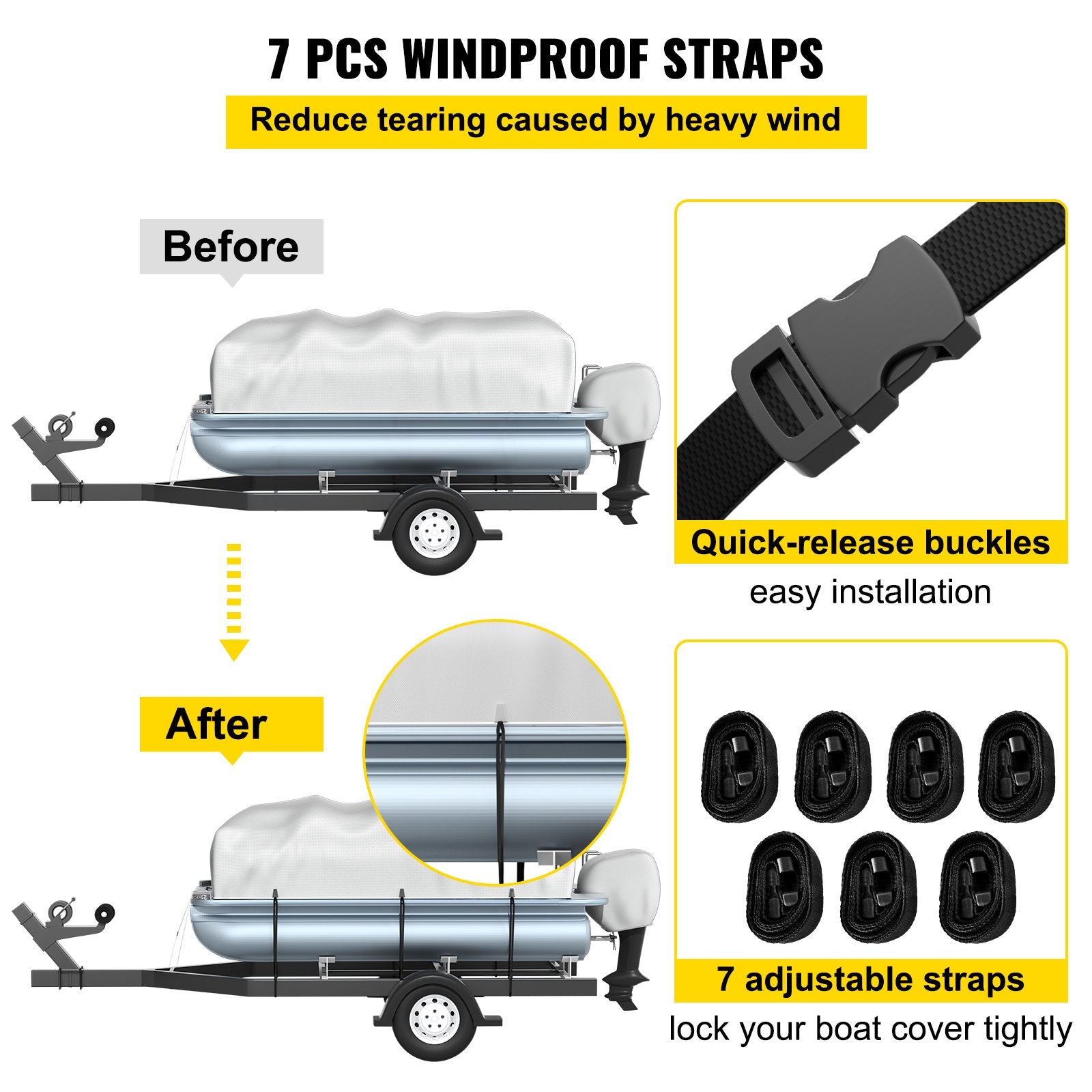 Boating Accessories: VEVOR Pontoon Boat Cover, Fit for 17\'-20\' Boat, Heavy Duty 600D Marine Grade Oxford Fabric, UV Resistant Waterproof Trailerable Boat Cover with 2 Support Poles and 7 Wind-Proof Straps, Gray