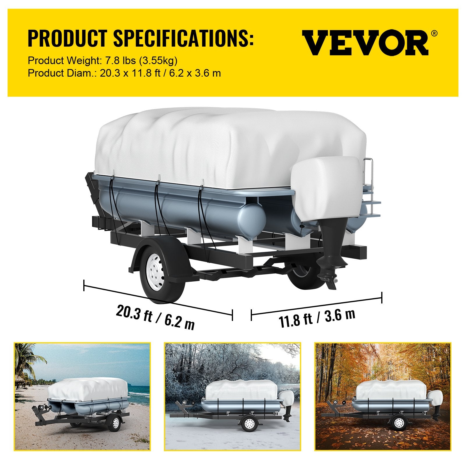 Boating Accessories: VEVOR Pontoon Boat Cover, Fit for 17\'-20\' Boat, Heavy Duty 600D Marine Grade Oxford Fabric, UV Resistant Waterproof Trailerable Boat Cover with 2 Support Poles and 7 Wind-Proof Straps, Gray