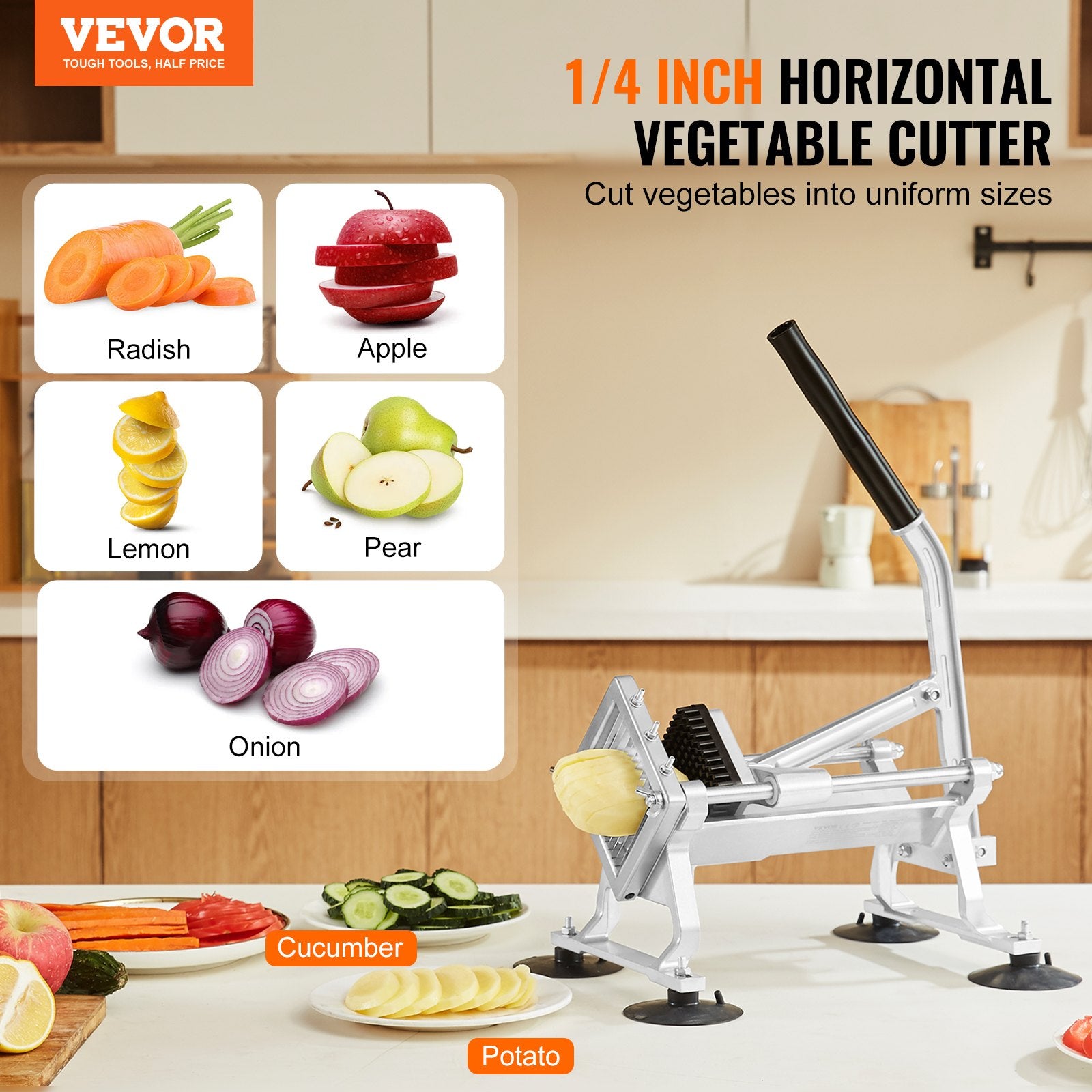 Gardening Tools: VEVOR Commercial Vegetable Slicer, 1/4 inch Fruit Slicer, Stainless Steel and Aluminum Alloy Vegetable Cutter Slicer Machine, Manual Slicer with Non-slip Feet, for Radishes, Onions, Potatoes, Lemons