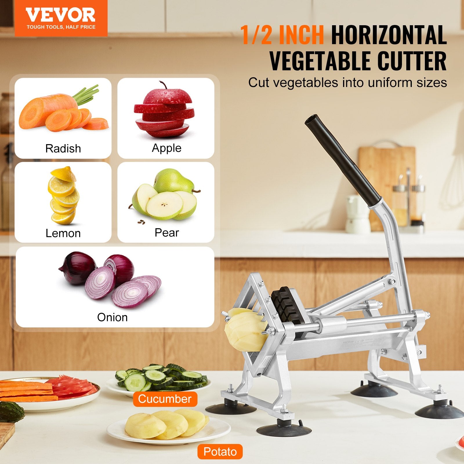 Gardening Tools: VEVOR Commercial Vegetable Slicer, 1/2 inch Fruit Slicer, Stainless Steel and Aluminum Alloy Vegetable Cutter Slicer Machine, Manual Slicer with Non-slip Feet, for Radishes, Onions, Potatoes, Lemons