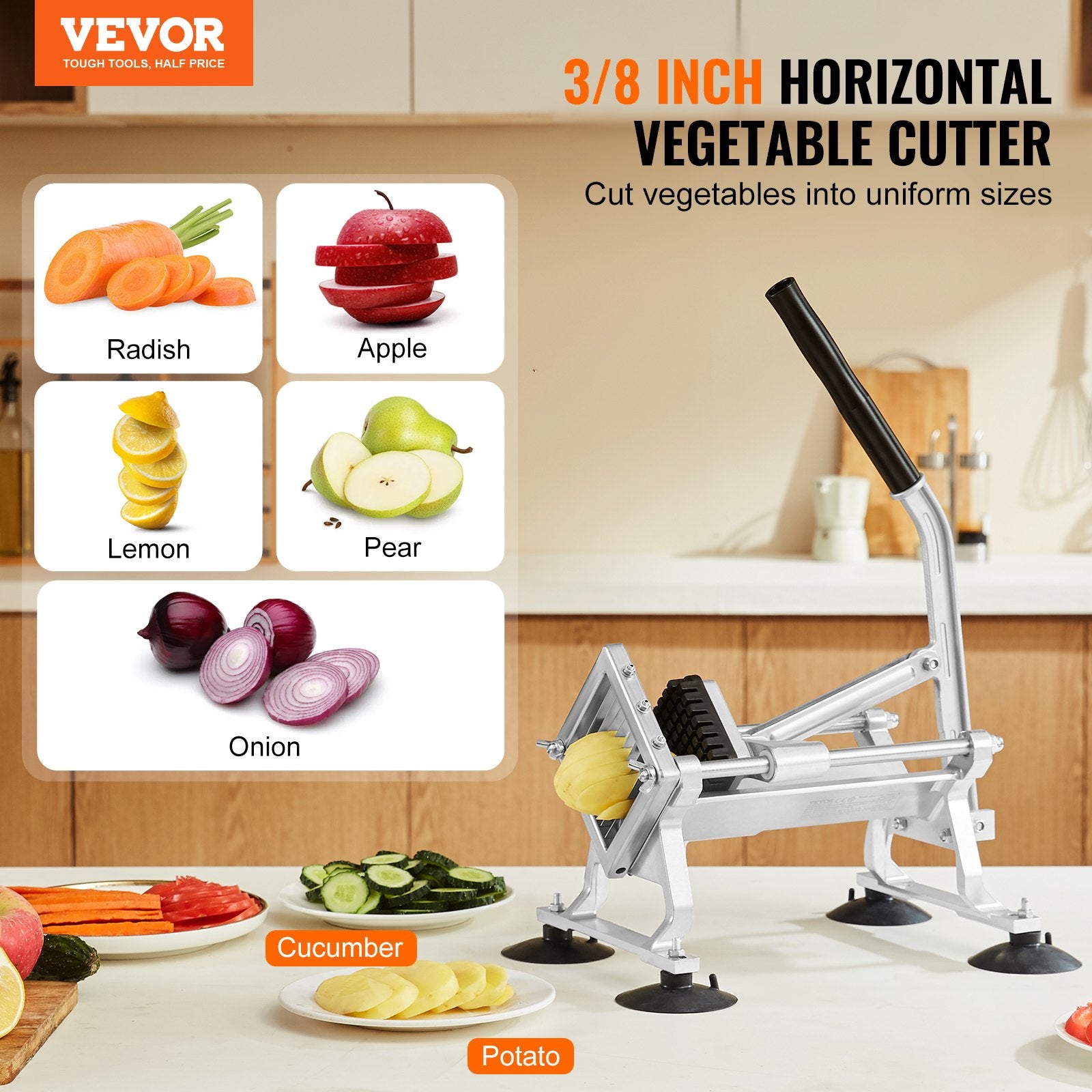 Gardening Tools: VEVOR Commercial Vegetable Slicer, 3/8 inch Fruit Slicer, Stainless Steel and Aluminum Alloy Vegetable Cutter Slicer Machine, Manual Slicer with Non-slip Feet, for Radishes, Onions, Potatoes, Lemons
