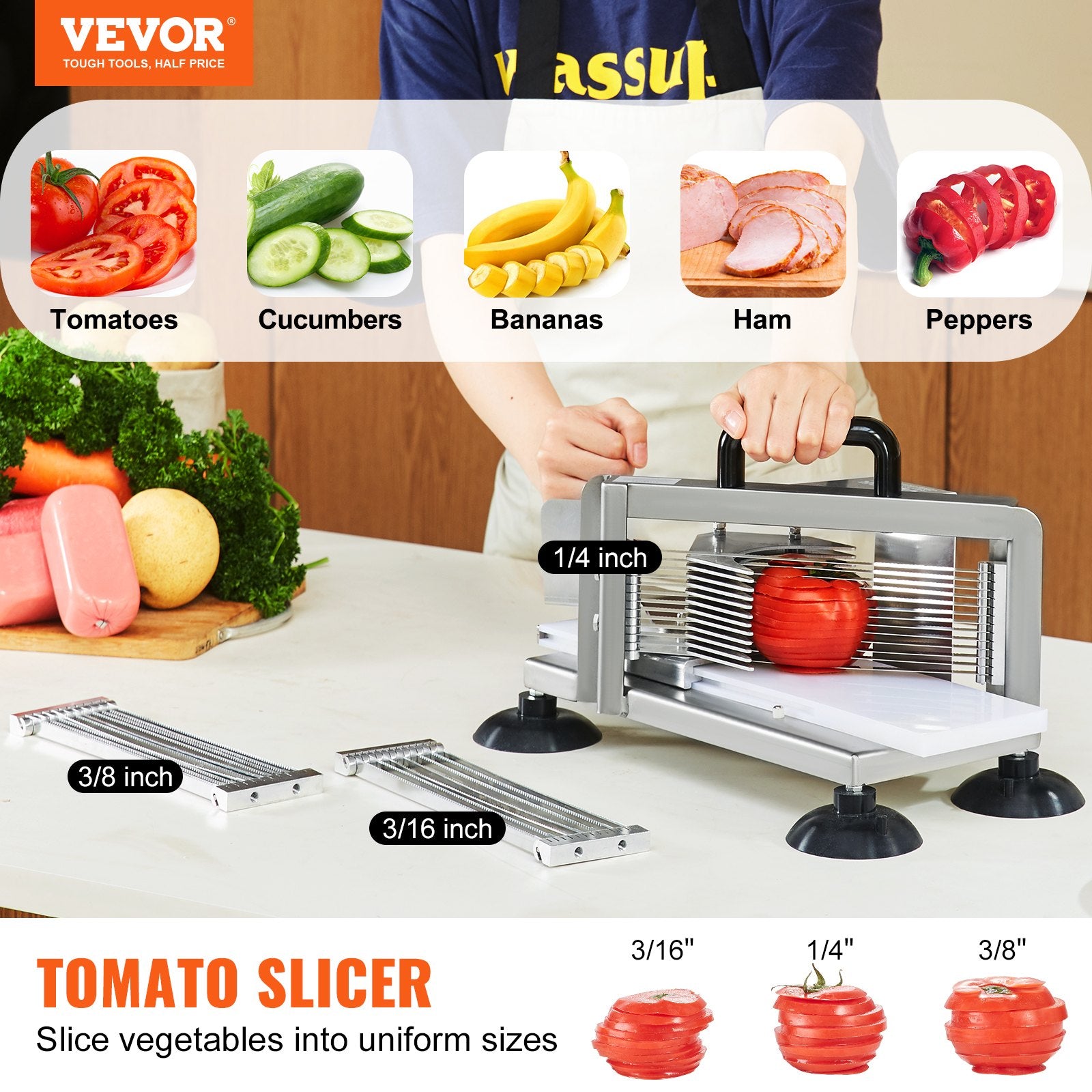 Gardening Tools: VEVOR Commercial Tomato Slicer, 1/4"+3/8"+3/16" Tomato Cutter Slicer, Stainless Steel Heavy Duty Tomato Slicer Machine, Manual Tomato Slicer with Non-slip Feet, Cutting Tomatoes, Cucumbers, Bananas