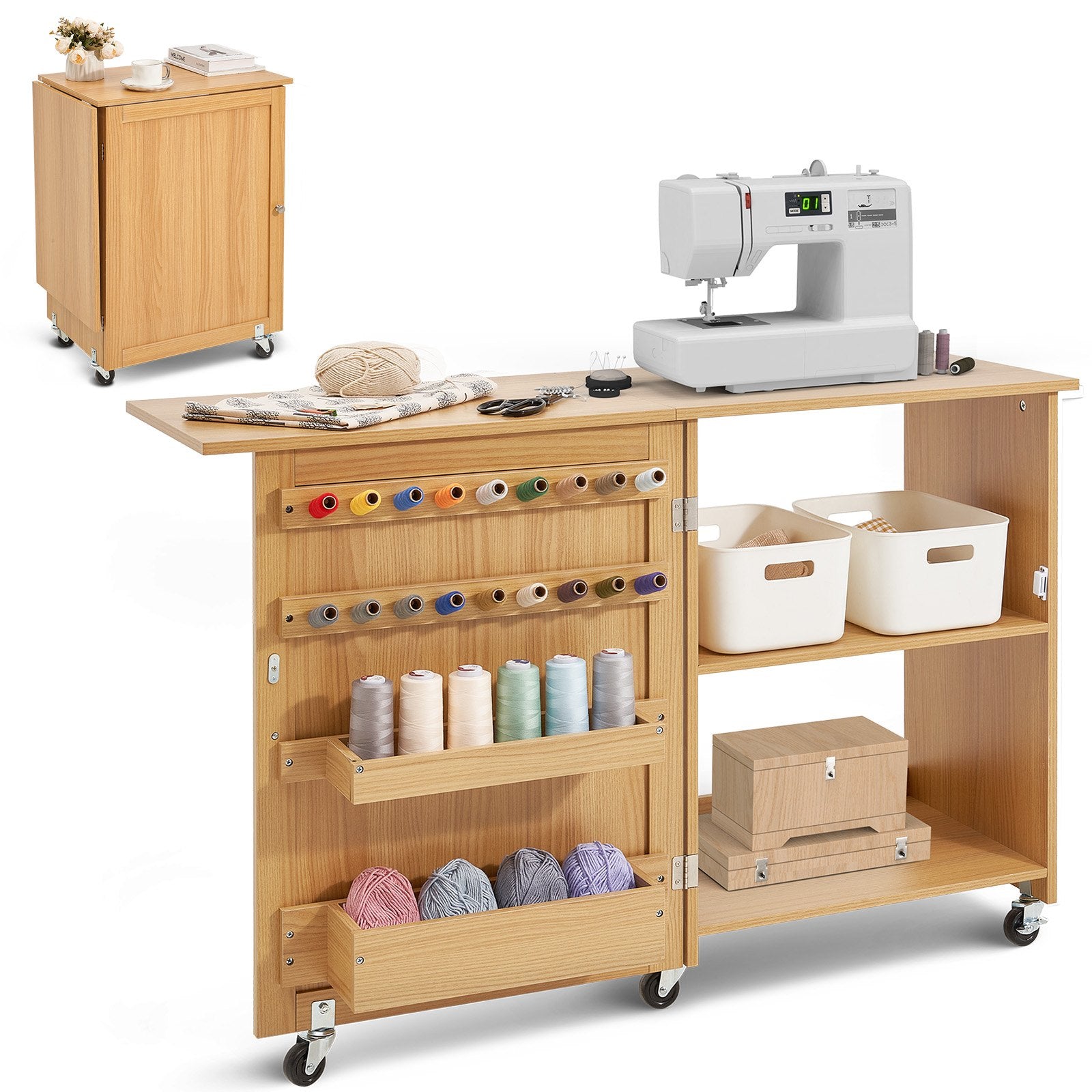 Room Dividers: VEVOR Folding Sewing Table with Lockable Wheels Shelves Trays Door Wood Color