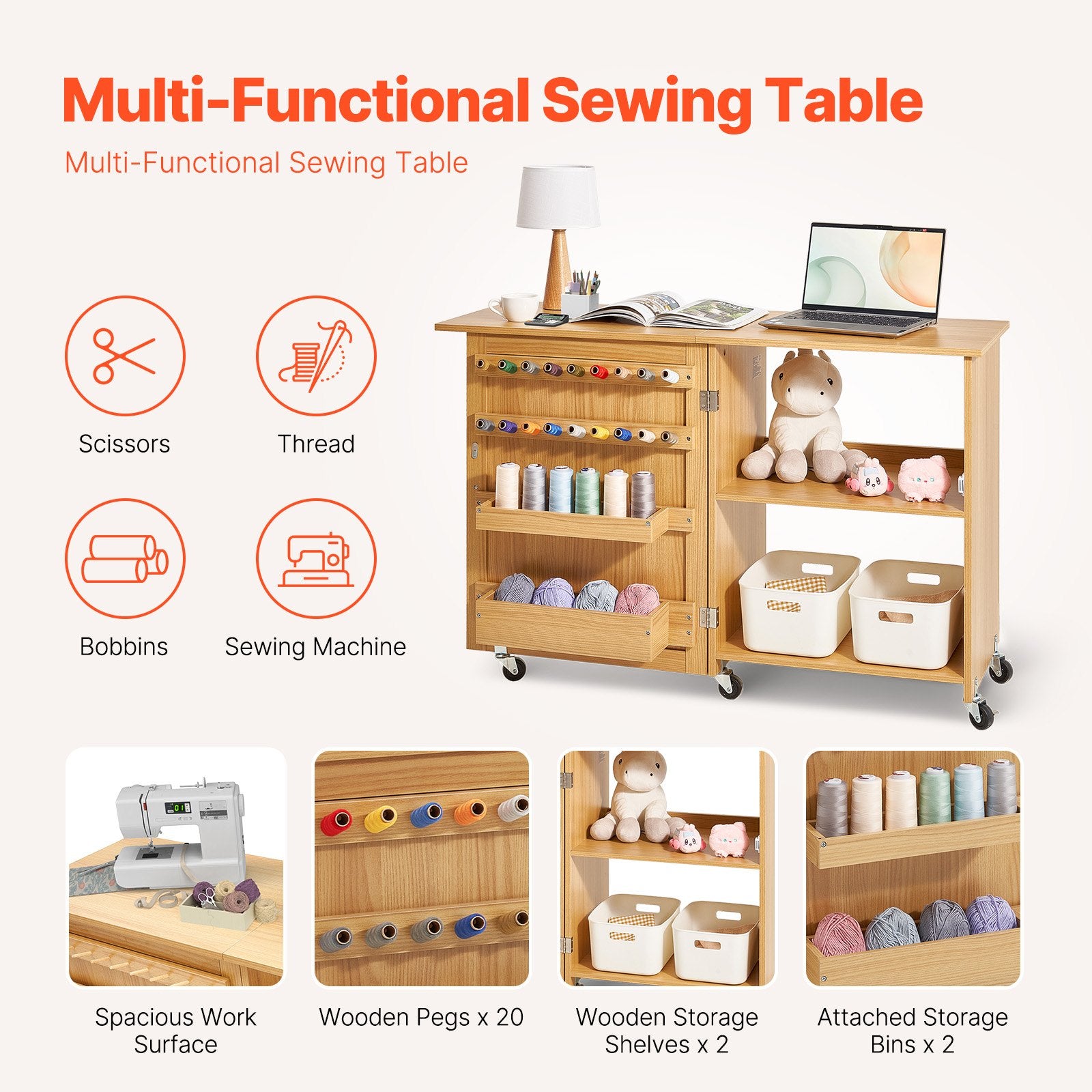 Room Dividers: VEVOR Folding Sewing Table with Lockable Wheels Shelves Trays Door Wood Color