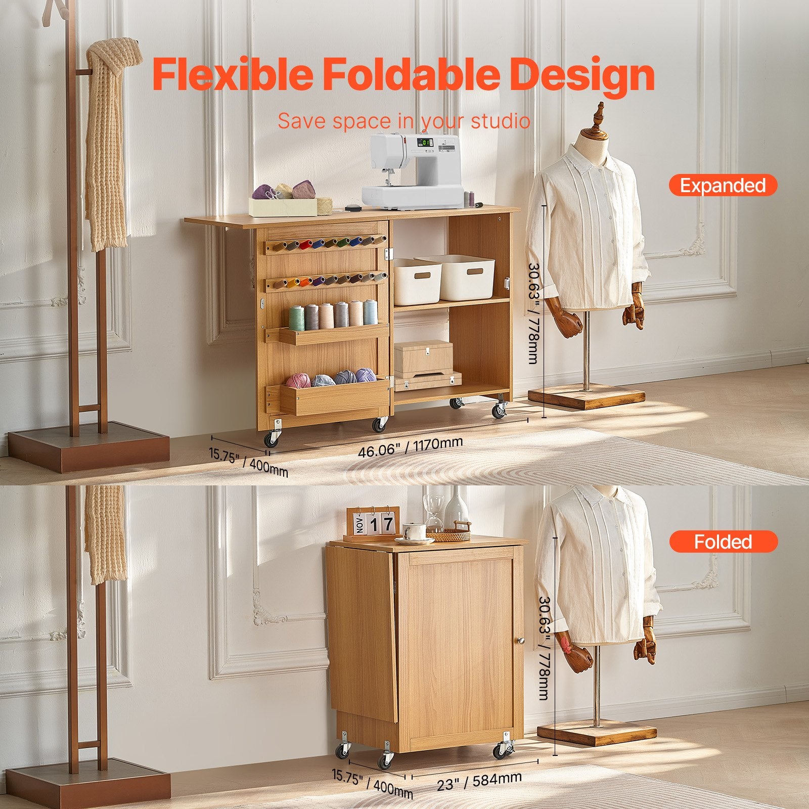 Room Dividers: VEVOR Folding Sewing Table with Lockable Wheels Shelves Trays Door Wood Color