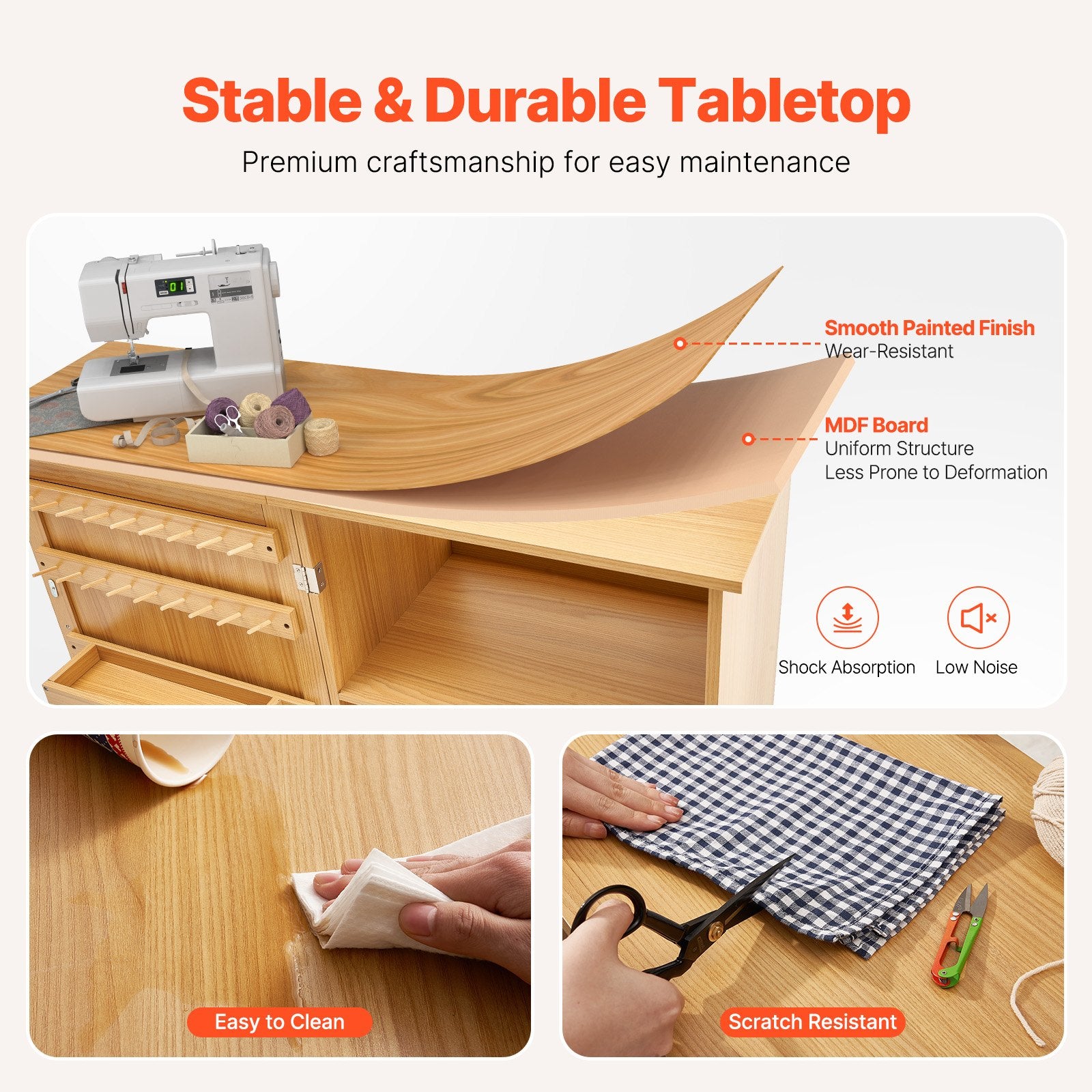 Room Dividers: VEVOR Folding Sewing Table with Lockable Wheels Shelves Trays Door Wood Color