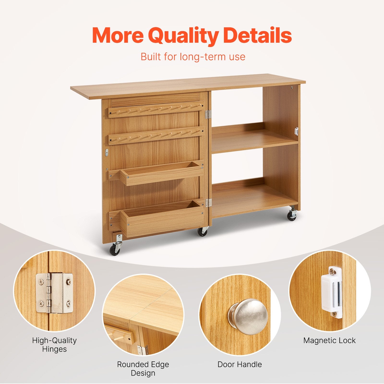 Room Dividers: VEVOR Folding Sewing Table with Lockable Wheels Shelves Trays Door Wood Color