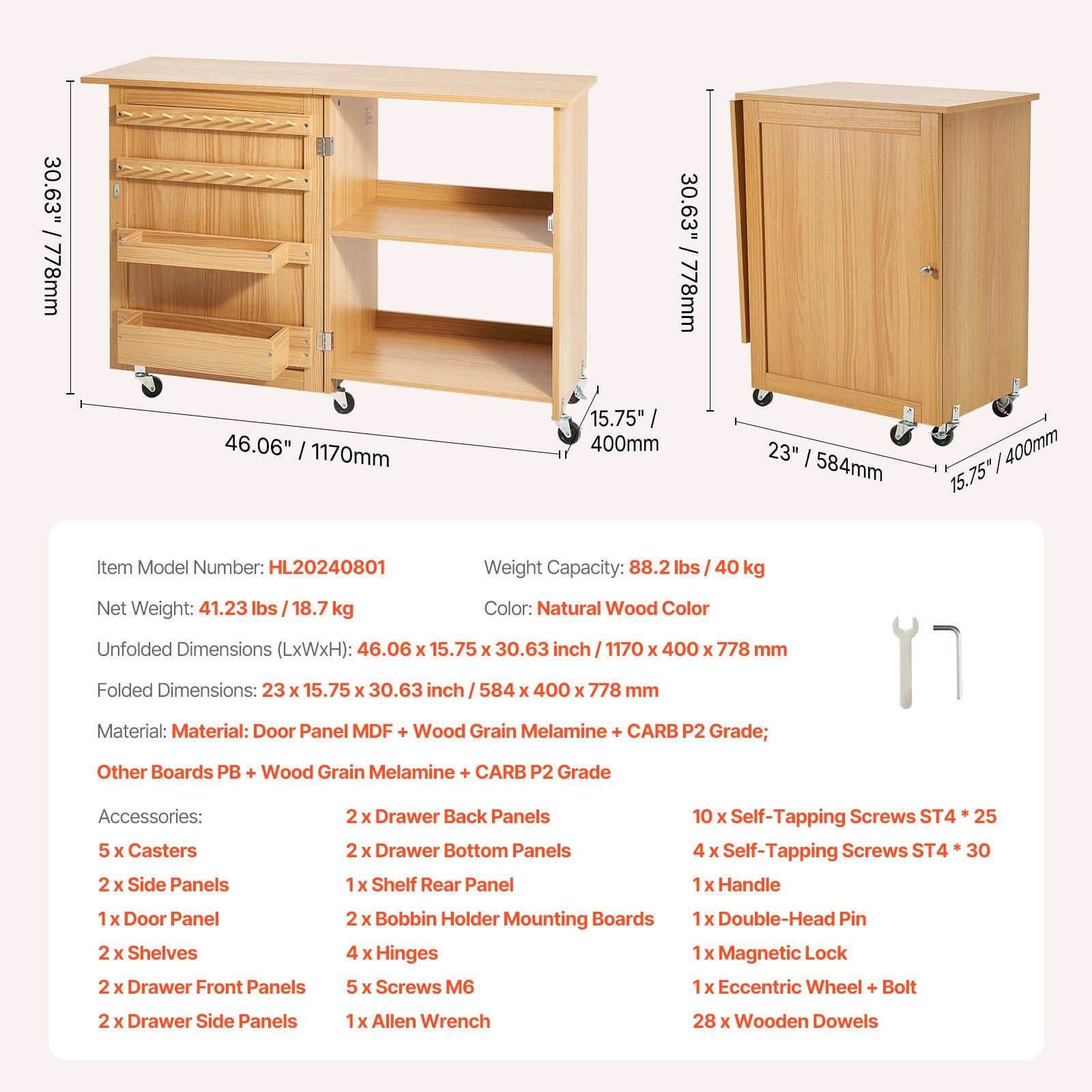 Room Dividers: VEVOR Folding Sewing Table with Lockable Wheels Shelves Trays Door Wood Color