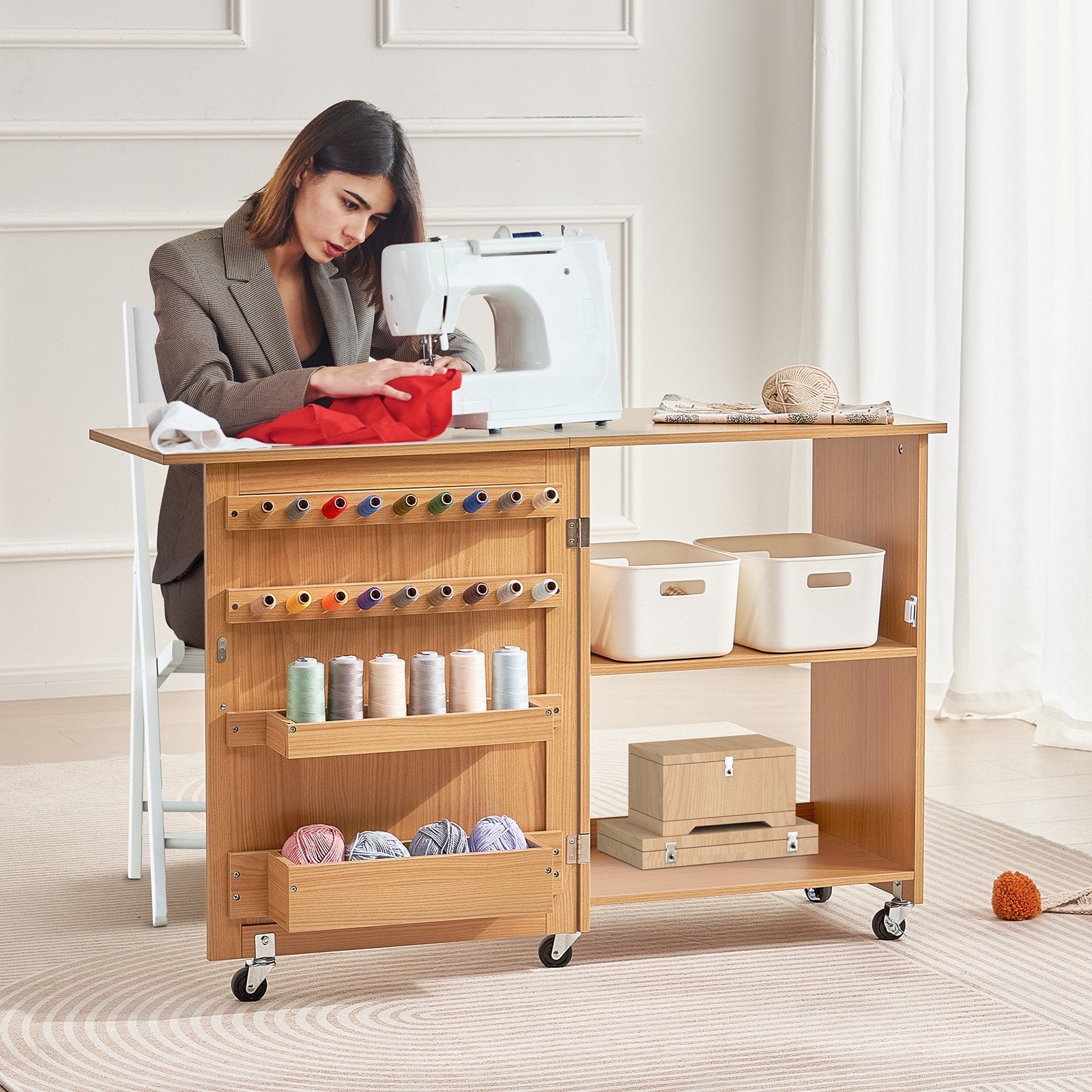 Room Dividers: VEVOR Folding Sewing Table with Lockable Wheels Shelves Trays Door Wood Color