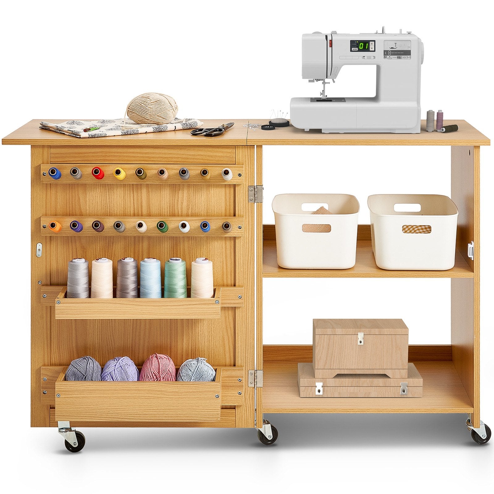 Room Dividers: VEVOR Folding Sewing Table with Lockable Wheels Shelves Trays Door Wood Color
