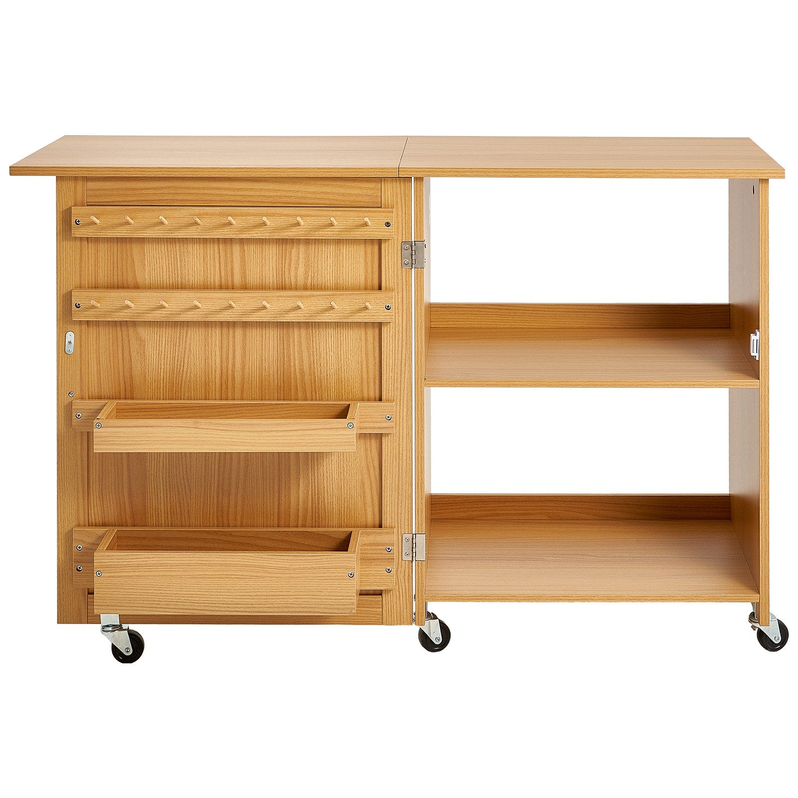Room Dividers: VEVOR Folding Sewing Table with Lockable Wheels Shelves Trays Door Wood Color
