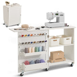 Room Dividers: VEVOR Folding Sewing Table with Lockable Wheels Storage Shelves Trays Door White