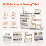 Room Dividers: VEVOR Folding Sewing Table with Lockable Wheels Storage Shelves Trays Door White