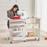 Room Dividers: VEVOR Folding Sewing Table with Lockable Wheels Storage Shelves Trays Door White