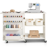 Room Dividers: VEVOR Folding Sewing Table with Lockable Wheels Storage Shelves Trays Door White