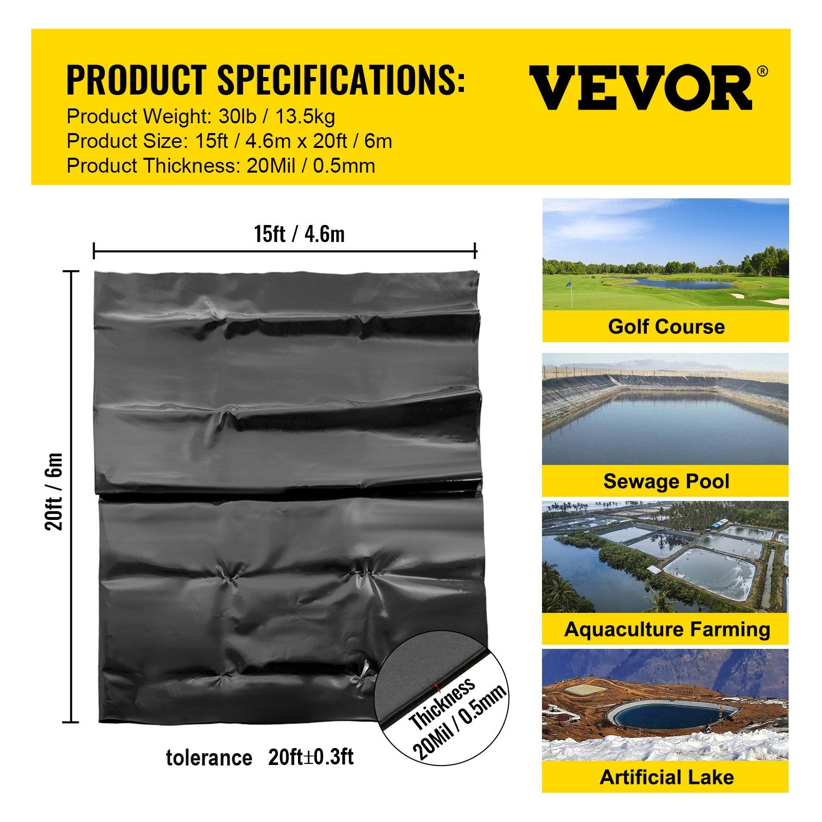 Swimming Pools: VEVOR LLDPE Pond Liner 15x20 ft, Pond Liner 20 Mil, Fish Pond Liners for Waterfall, Pond and Fish Ponds