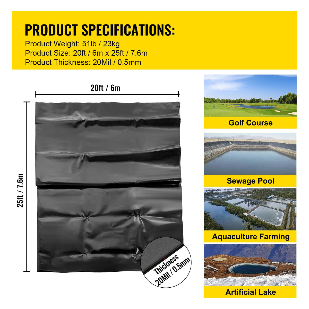 LLDPE Pond Liner 20x25 ft, Pond Liner 20 Mil, Fish Pond Liners for Waterfall, Pond and Fish Ponds
