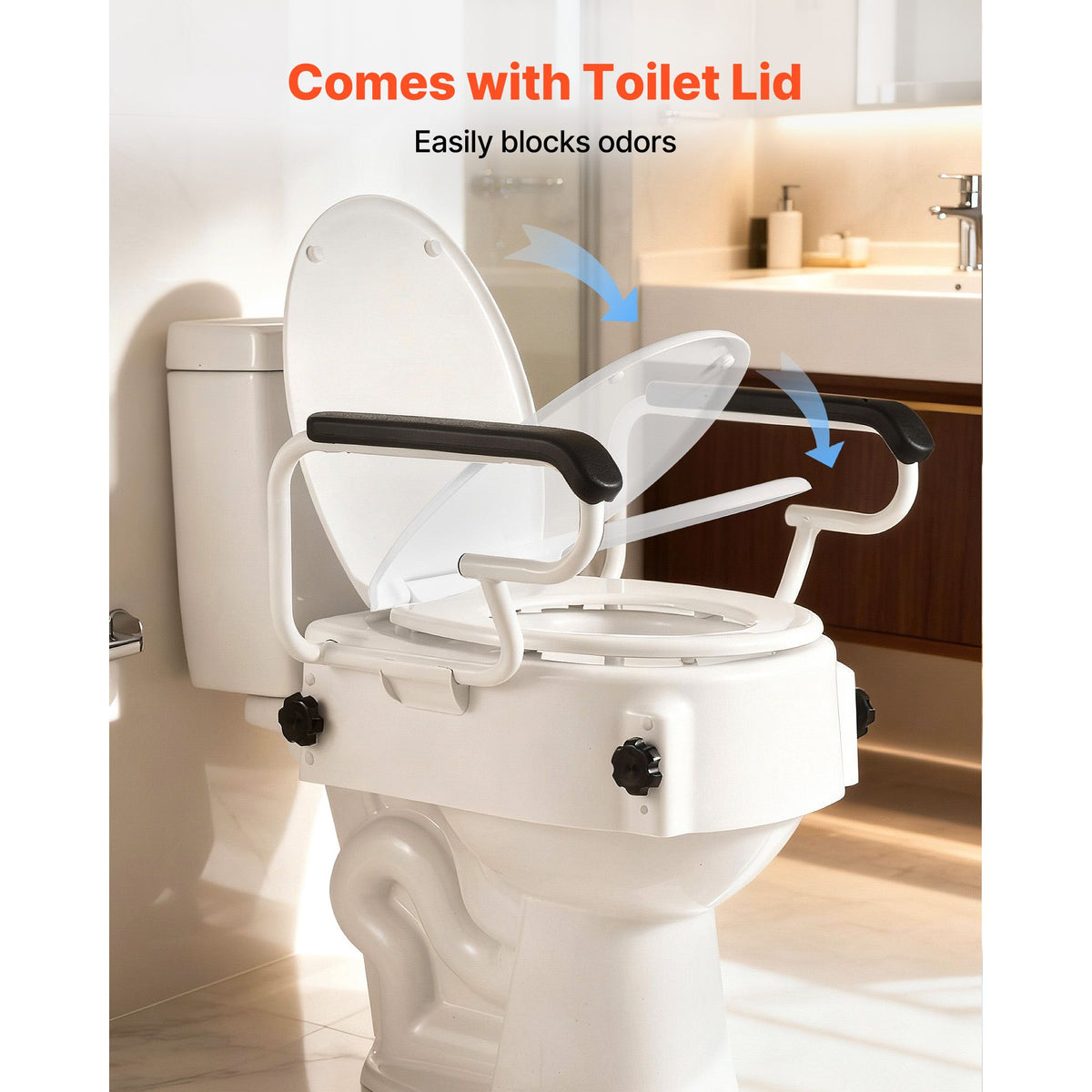 Raised Toilet Seat with Arms, 136.1 kg Load Capacity, 3-Level Adjustable Height, Widened Commode Elevated Toilet Seat Riser with Padded Handles for Seniors, Elderly, Handicap, Disabled, Adults