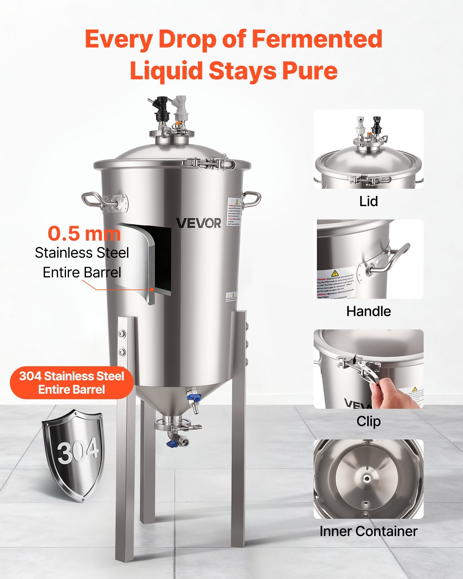 Free Weights: VEVOR Stainless Steel Conical Fermenter, 8 Gal/30L Home Brewing Fermenation Tank, Brew Bucket Fermentor with Conical Bottom, 3 Adjustable Legs, Lid, Handle & Thermometer, for Wine, Beer Fermentation