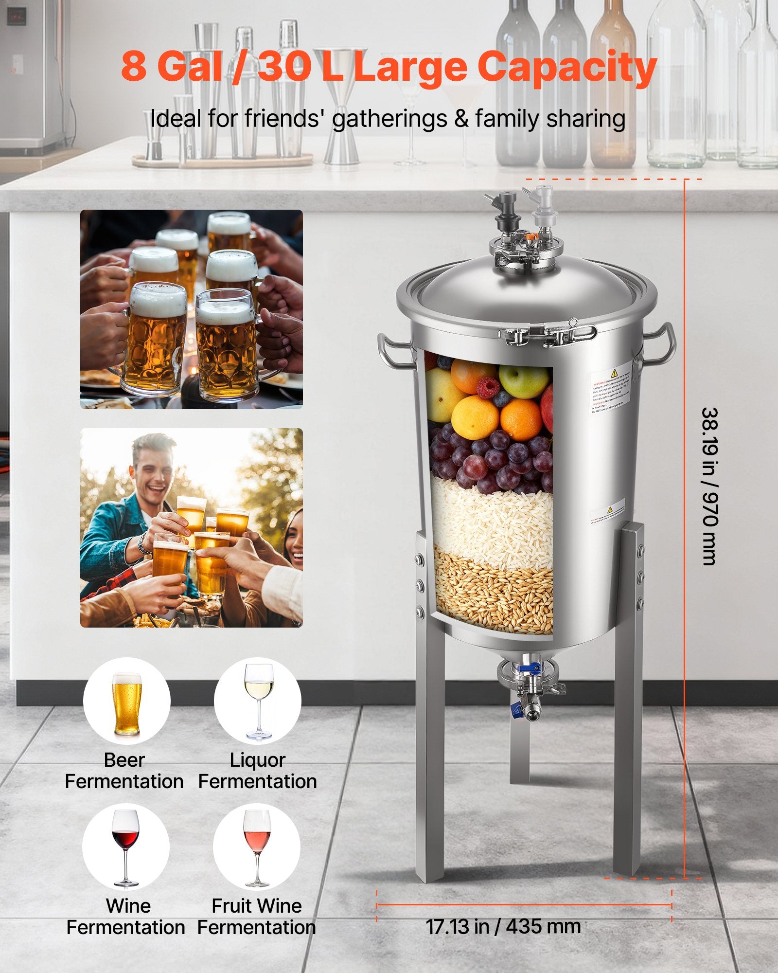 Free Weights: VEVOR Stainless Steel Conical Fermenter, 8 Gal/30L Home Brewing Fermenation Tank, Brew Bucket Fermentor with Conical Bottom, 3 Adjustable Legs, Lid, Handle & Thermometer, for Wine, Beer Fermentation