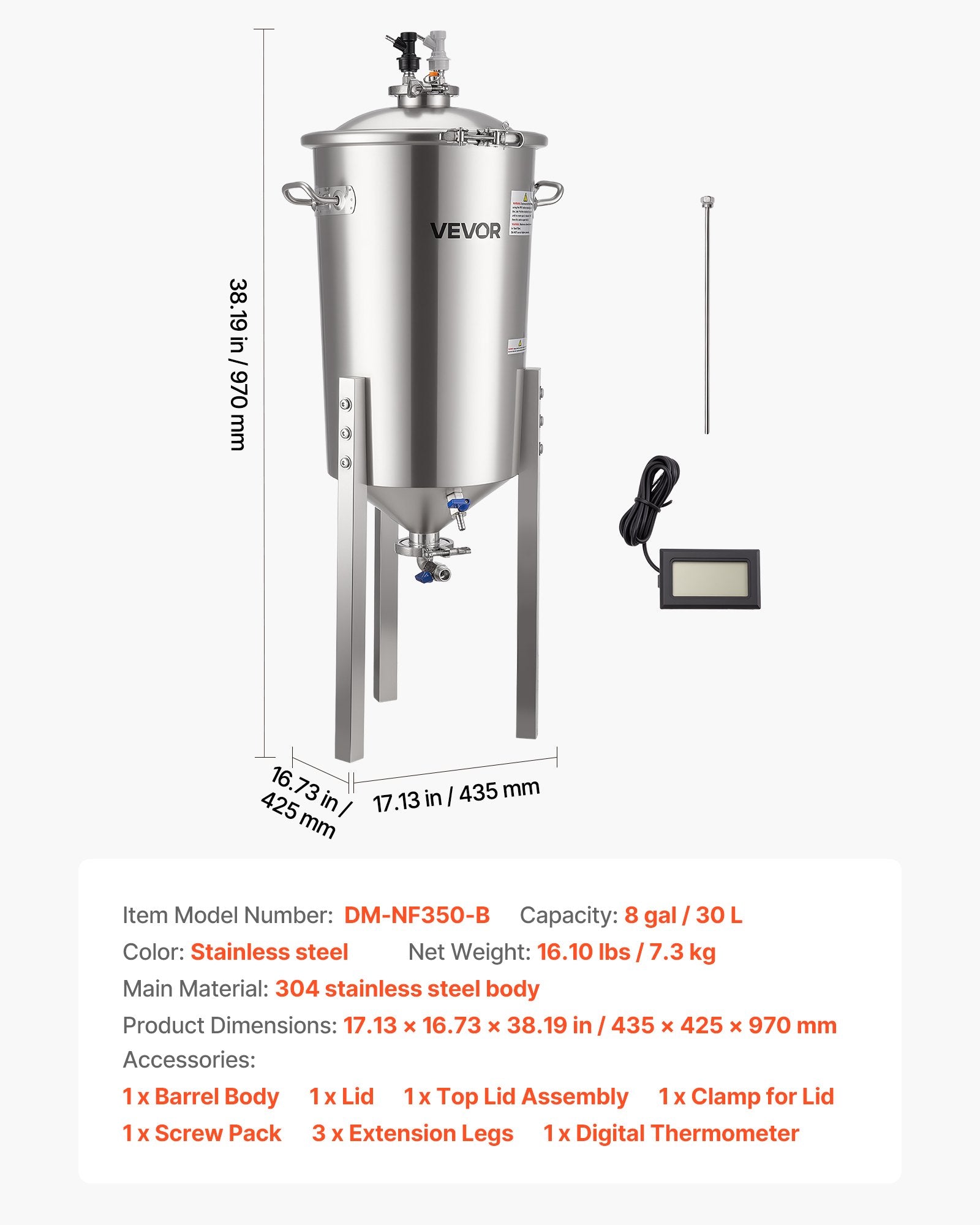 Free Weights: VEVOR Stainless Steel Conical Fermenter, 8 Gal/30L Home Brewing Fermenation Tank, Brew Bucket Fermentor with Conical Bottom, 3 Adjustable Legs, Lid, Handle & Thermometer, for Wine, Beer Fermentation