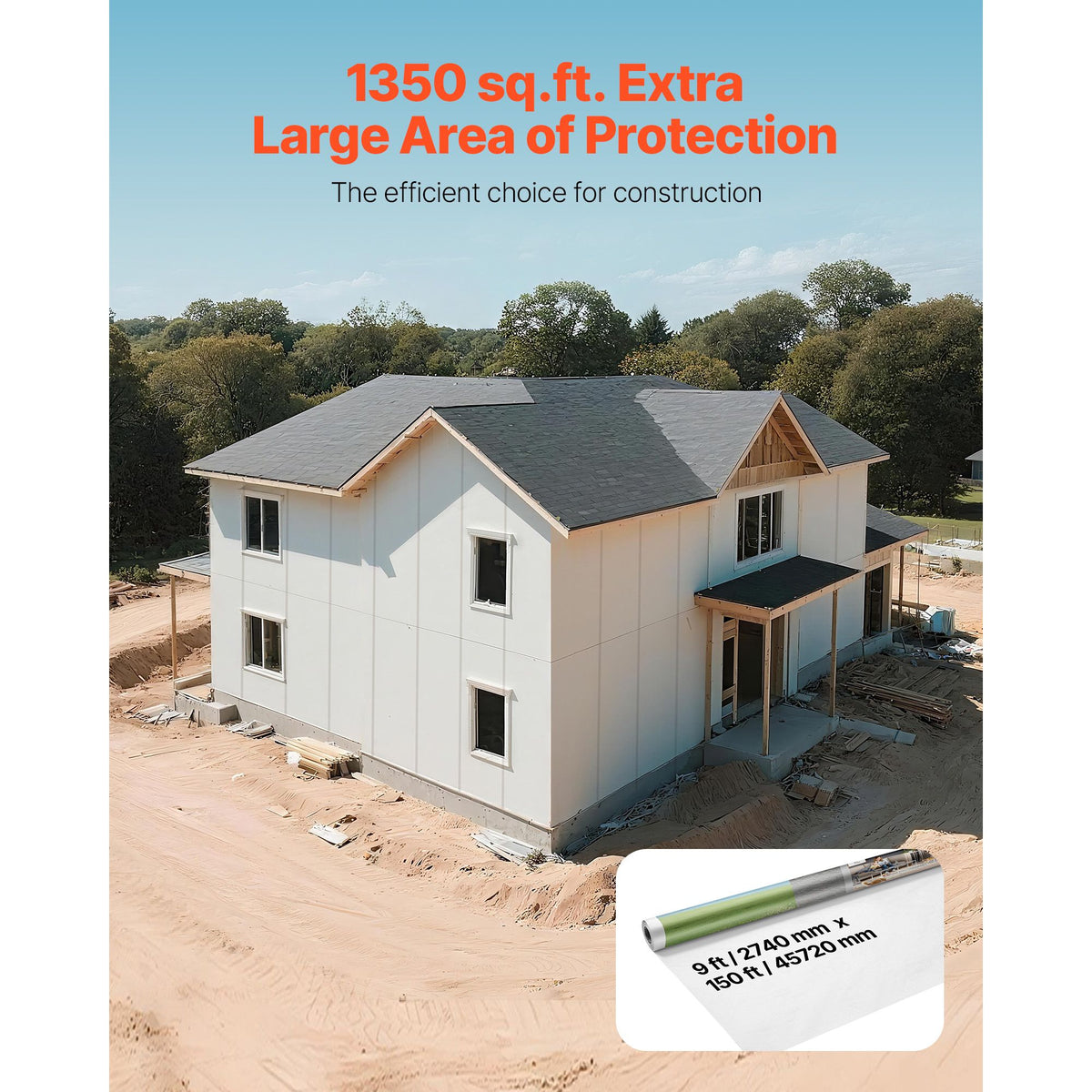 House Wrap, 2.74 x 45.7 mm, 0.13 mm Thick Vapor Barrier, Heavy Duty Plastic Sheeting for Tear-resistant, Drop Cloth Vapor Barrier Covering for Residential & Commercial Construction, White
