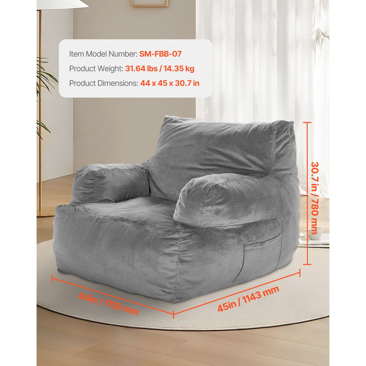 Bean Bag Chair, BeanBag Sofa Chair with Armrests for Adults, Fluffy Plush & High-Density Foam Filling Adult Bean Bag with Zapper, Comfy Lazy Sofa Chair Ideal for Living Room, Bedroom, Grey