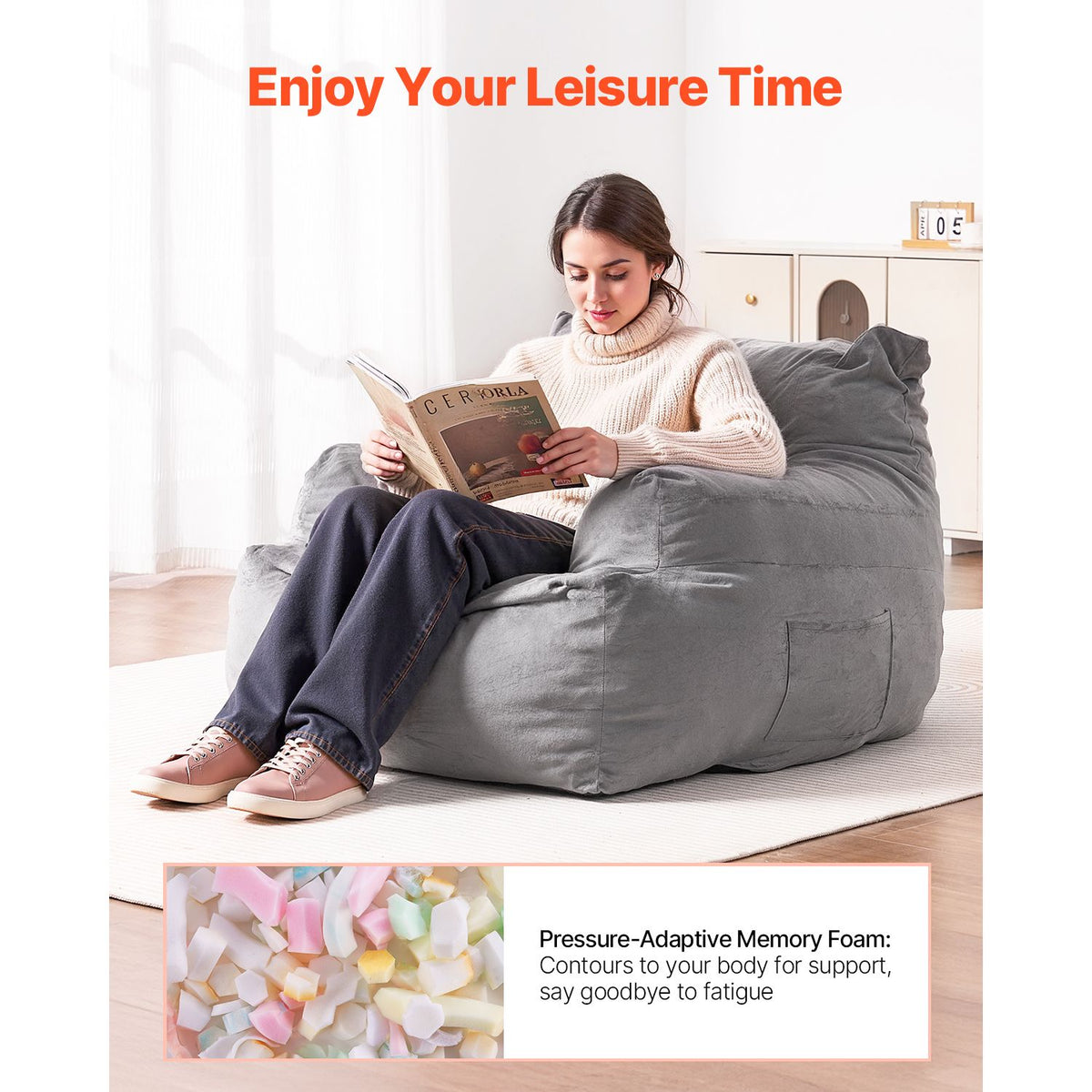 Bean Bag Chair, BeanBag Sofa Chair with Armrests for Adults, Fluffy Plush & High-Density Foam Filling Adult Bean Bag with Zapper, Comfy Lazy Sofa Chair Ideal for Living Room, Bedroom, Grey
