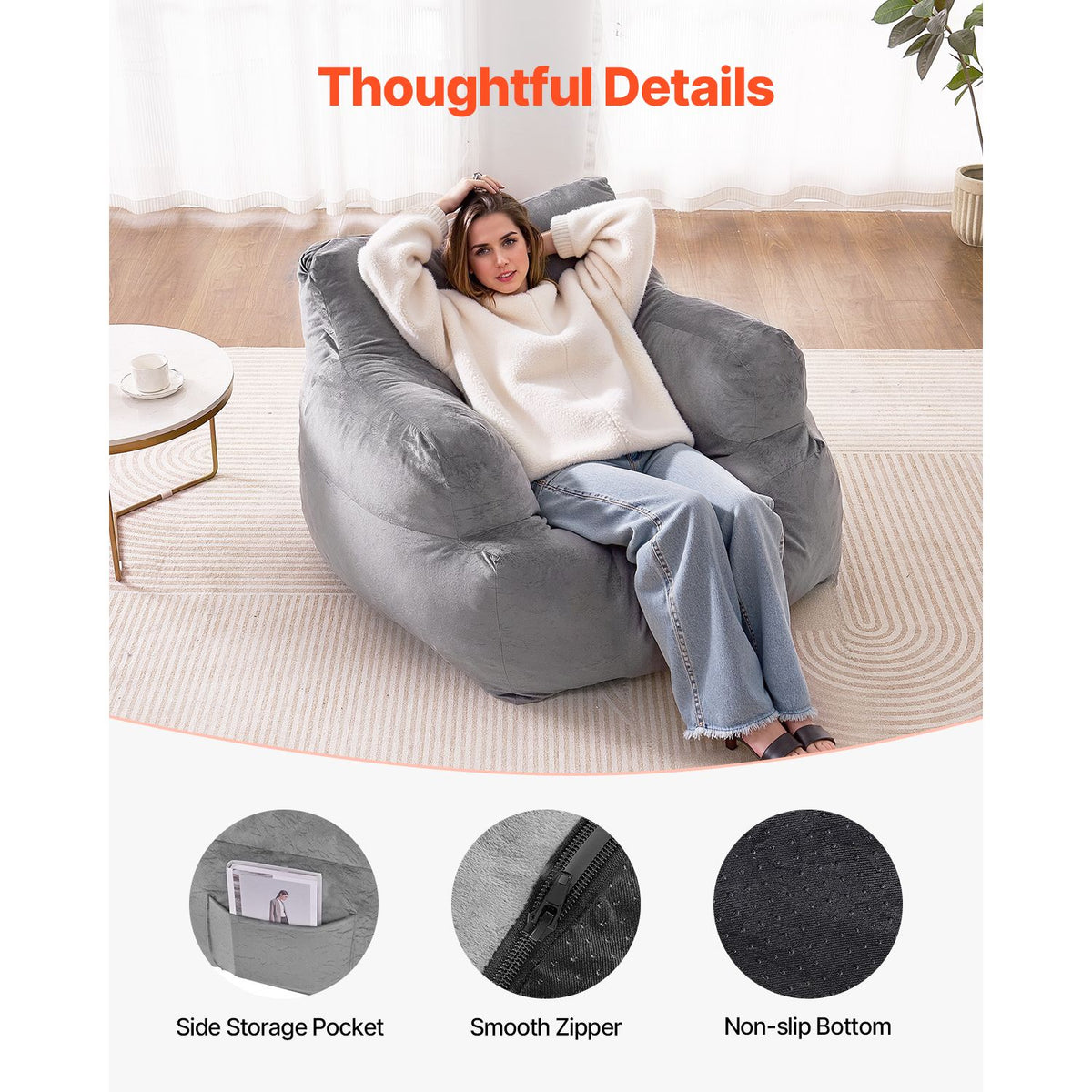 Bean Bag Chair, BeanBag Sofa Chair with Armrests for Adults, Fluffy Plush & High-Density Foam Filling Adult Bean Bag with Zapper, Comfy Lazy Sofa Chair Ideal for Living Room, Bedroom, Grey