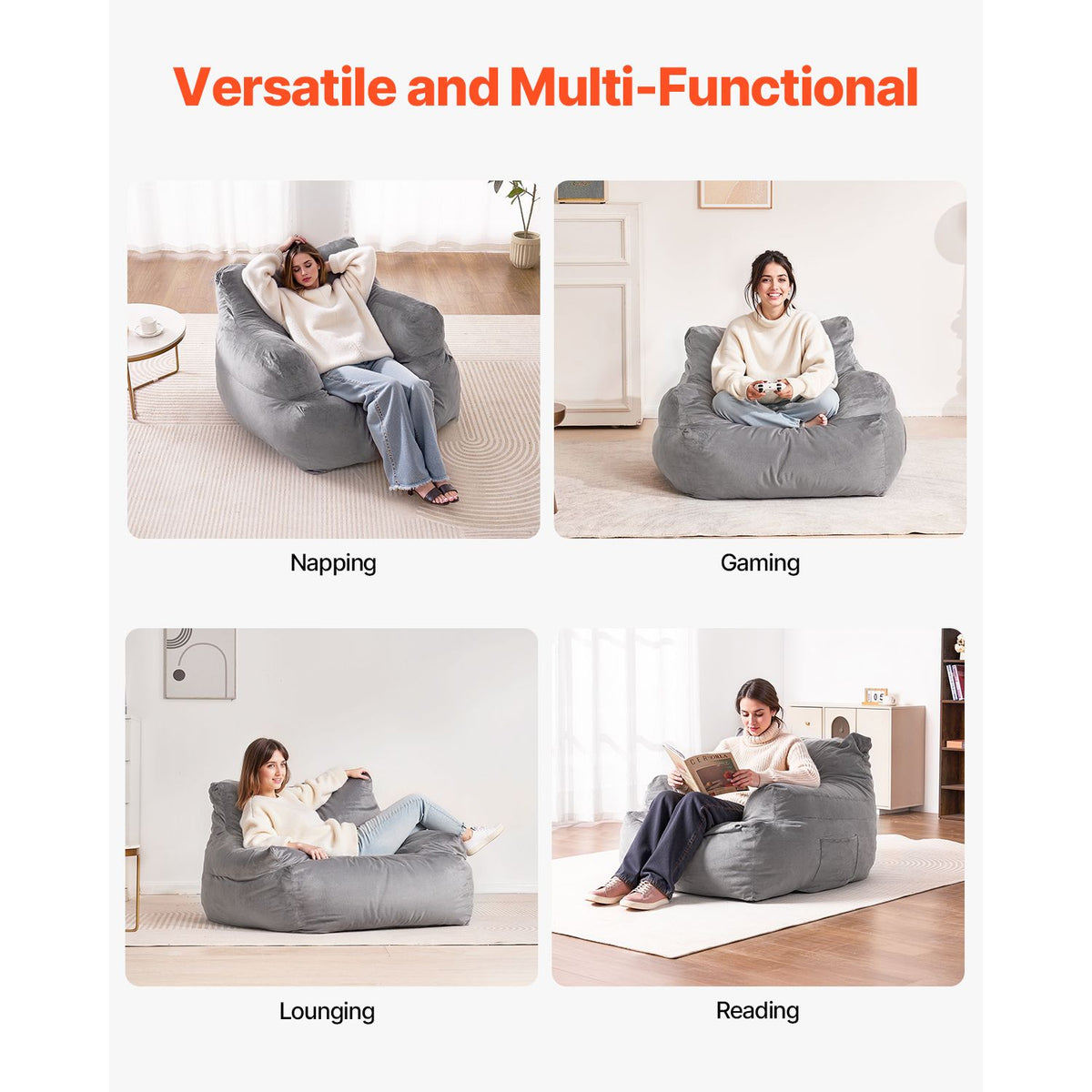 Bean Bag Chair, BeanBag Sofa Chair with Armrests for Adults, Fluffy Plush & High-Density Foam Filling Adult Bean Bag with Zapper, Comfy Lazy Sofa Chair Ideal for Living Room, Bedroom, Grey