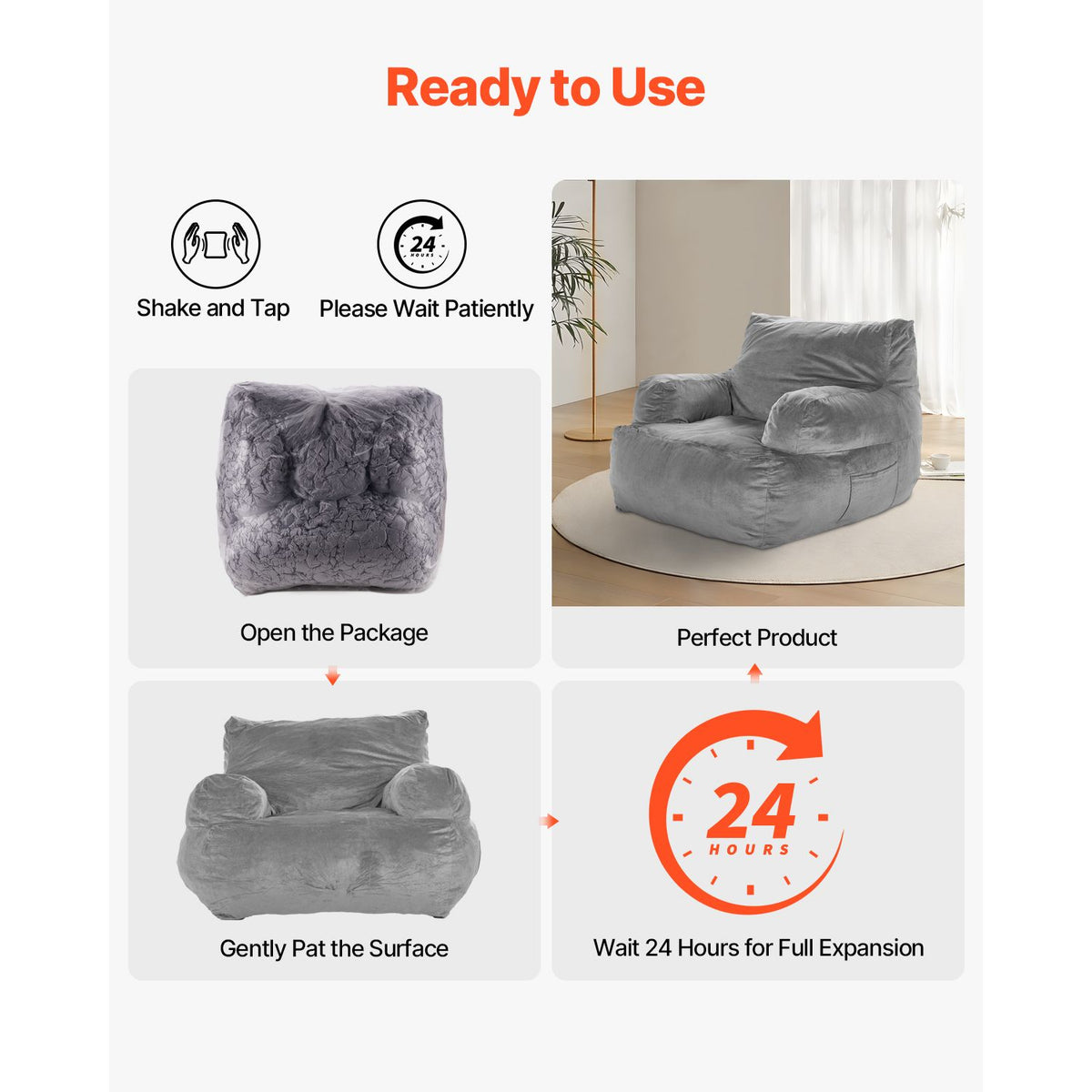 Bean Bag Chair, BeanBag Sofa Chair with Armrests for Adults, Fluffy Plush & High-Density Foam Filling Adult Bean Bag with Zapper, Comfy Lazy Sofa Chair Ideal for Living Room, Bedroom, Grey