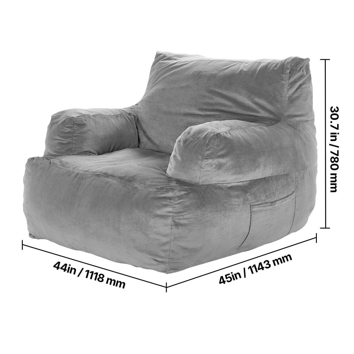 Bean Bag Chair, BeanBag Sofa Chair with Armrests for Adults, Fluffy Plush & High-Density Foam Filling Adult Bean Bag with Zapper, Comfy Lazy Sofa Chair Ideal for Living Room, Bedroom, Grey