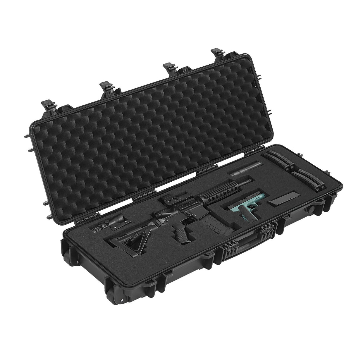 Hard Rifle Case, Lockable Rifle Case with Pre-cut Foams, 1016 mm Gun Storage with Wheels, IP67 Waterproof & Dustproof Movable Large Pistol Storage for Rifles, Shotguns, Airsoft Guns, Black