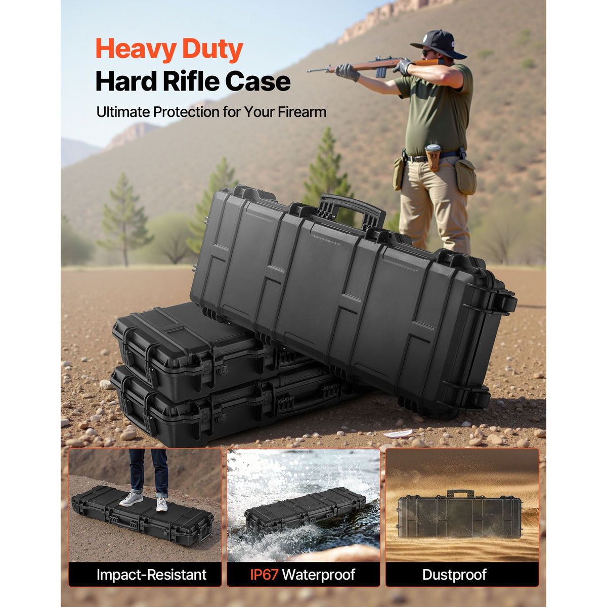 Hard Rifle Case, Lockable Rifle Case with Pre-cut Foams, 1016 mm Gun Storage with Wheels, IP67 Waterproof & Dustproof Movable Large Pistol Storage for Rifles, Shotguns, Airsoft Guns, Black