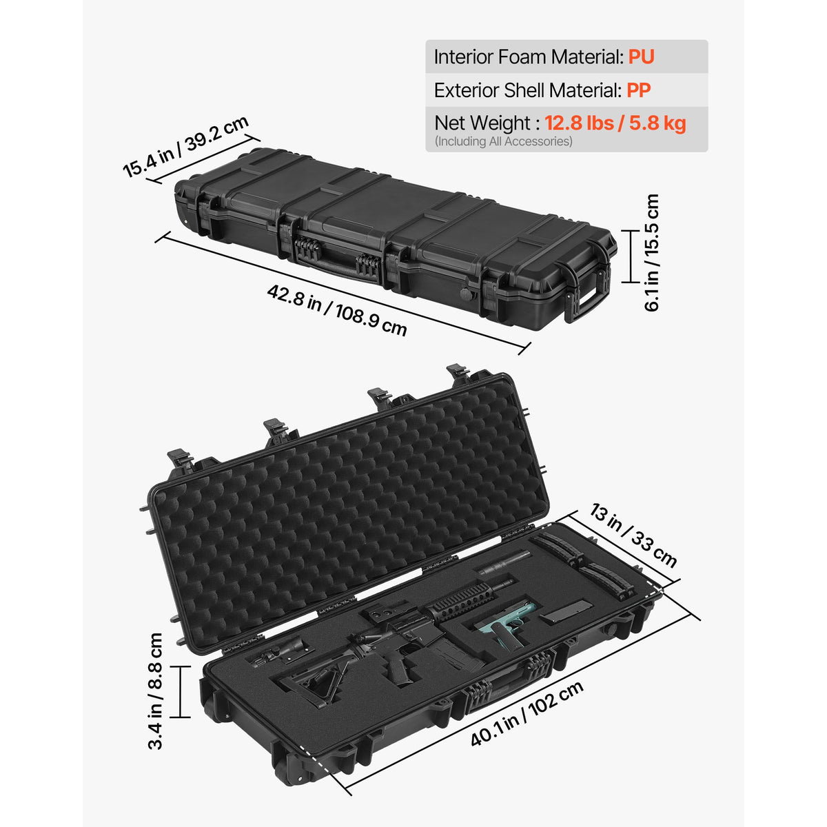 Hard Rifle Case, Lockable Rifle Case with Pre-cut Foams, 1016 mm Gun Storage with Wheels, IP67 Waterproof & Dustproof Movable Large Pistol Storage for Rifles, Shotguns, Airsoft Guns, Black