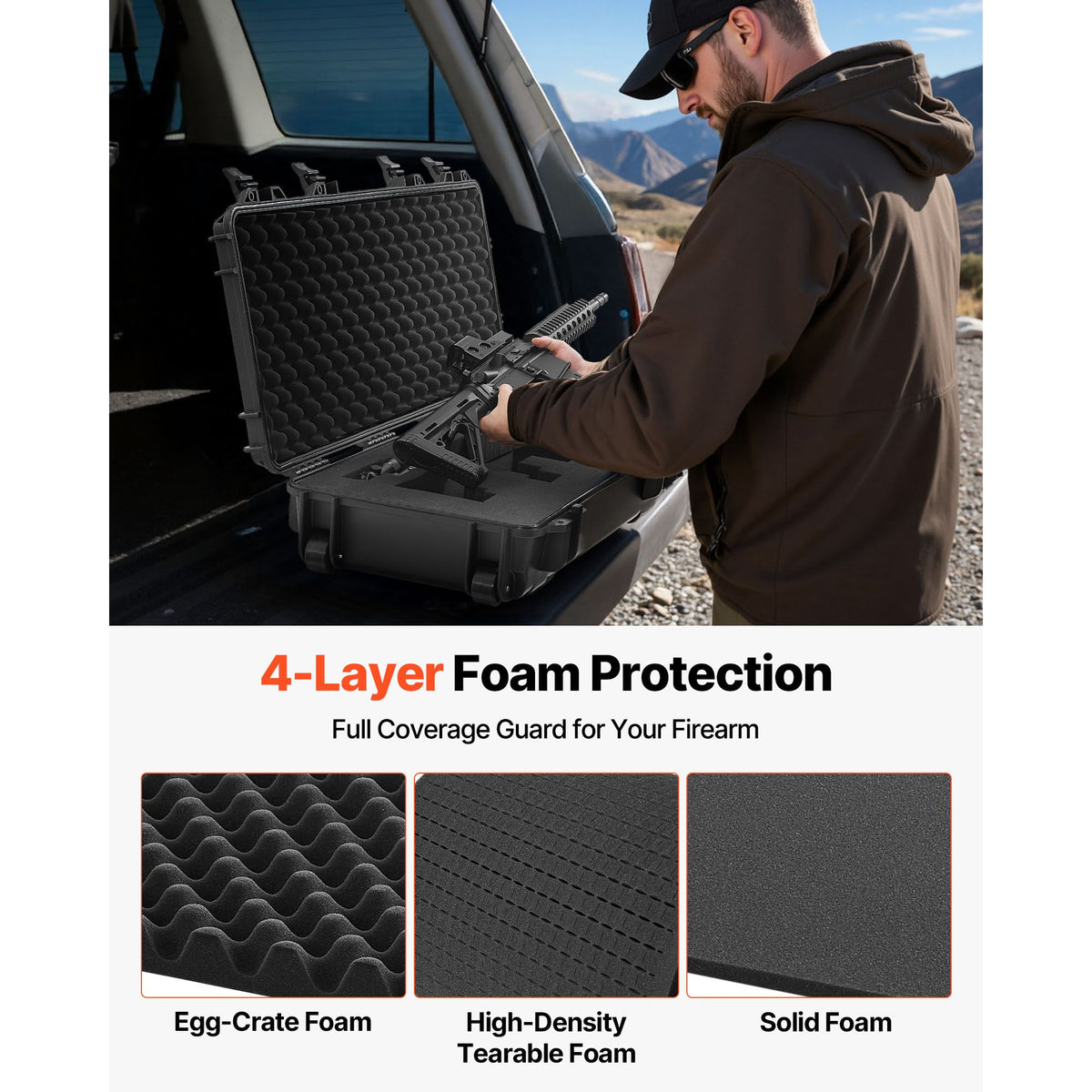 Hard Rifle Case, Lockable Rifle Case with Pre-cut Foams, 1016 mm Gun Storage with Wheels, IP67 Waterproof & Dustproof Movable Large Pistol Storage for Rifles, Shotguns, Airsoft Guns, Black
