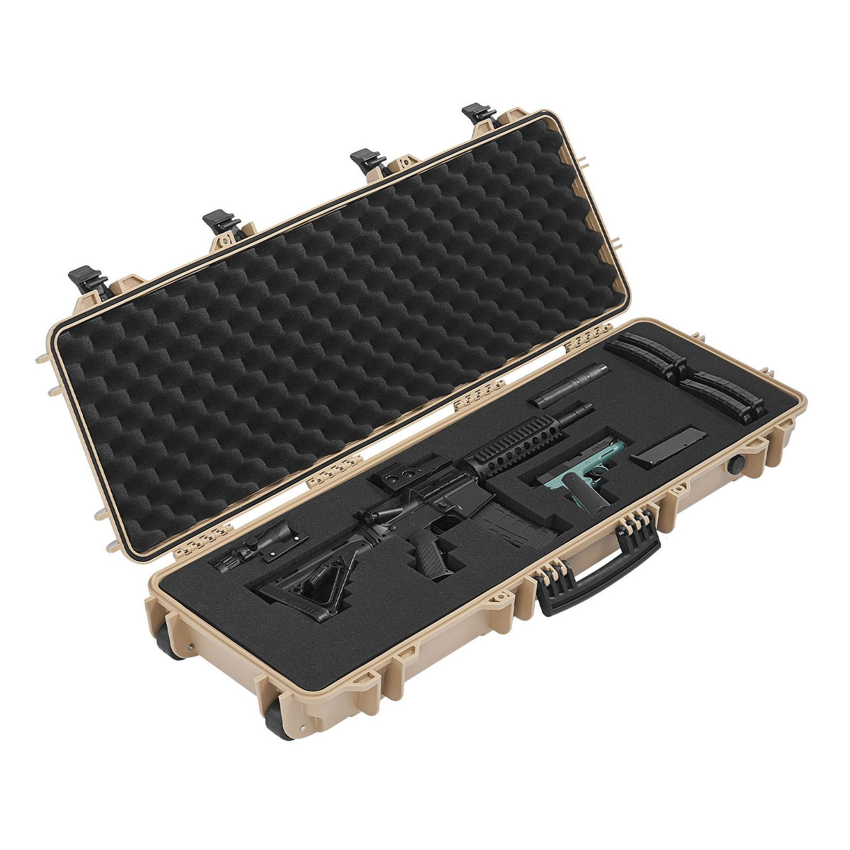 Hard Rifle Case, Lockable Rifle Case with Pre-cut Foams, 1016 mm Gun Storage with Wheels, IP67 Waterproof & Dustproof Movable Large Pistol Storage for Rifles, Shotguns, Airsoft Guns, Khaki