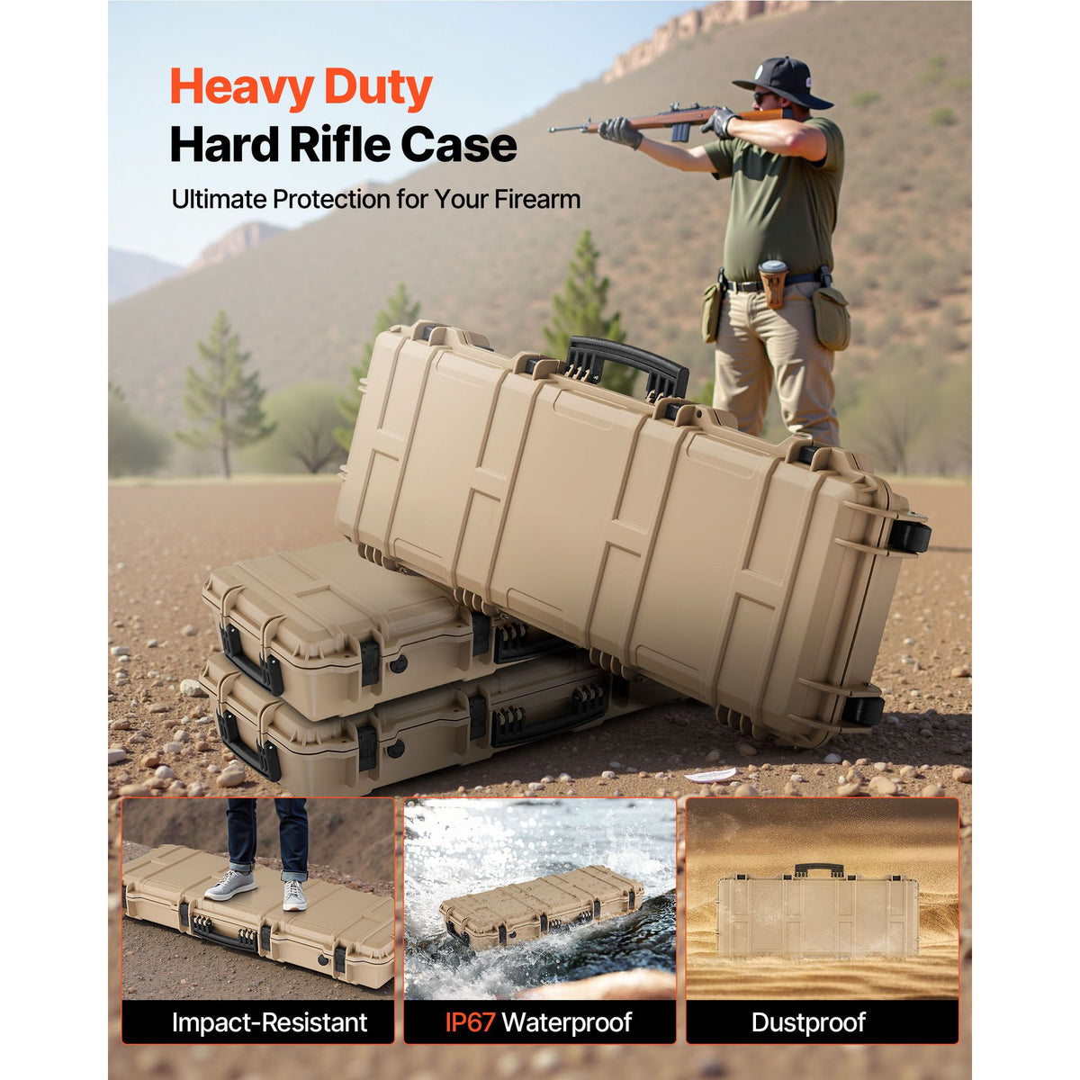 Hard Rifle Case, Lockable Rifle Case with Pre-cut Foams, 1016 mm Gun Storage with Wheels, IP67 Waterproof & Dustproof Movable Large Pistol Storage for Rifles, Shotguns, Airsoft Guns, Khaki