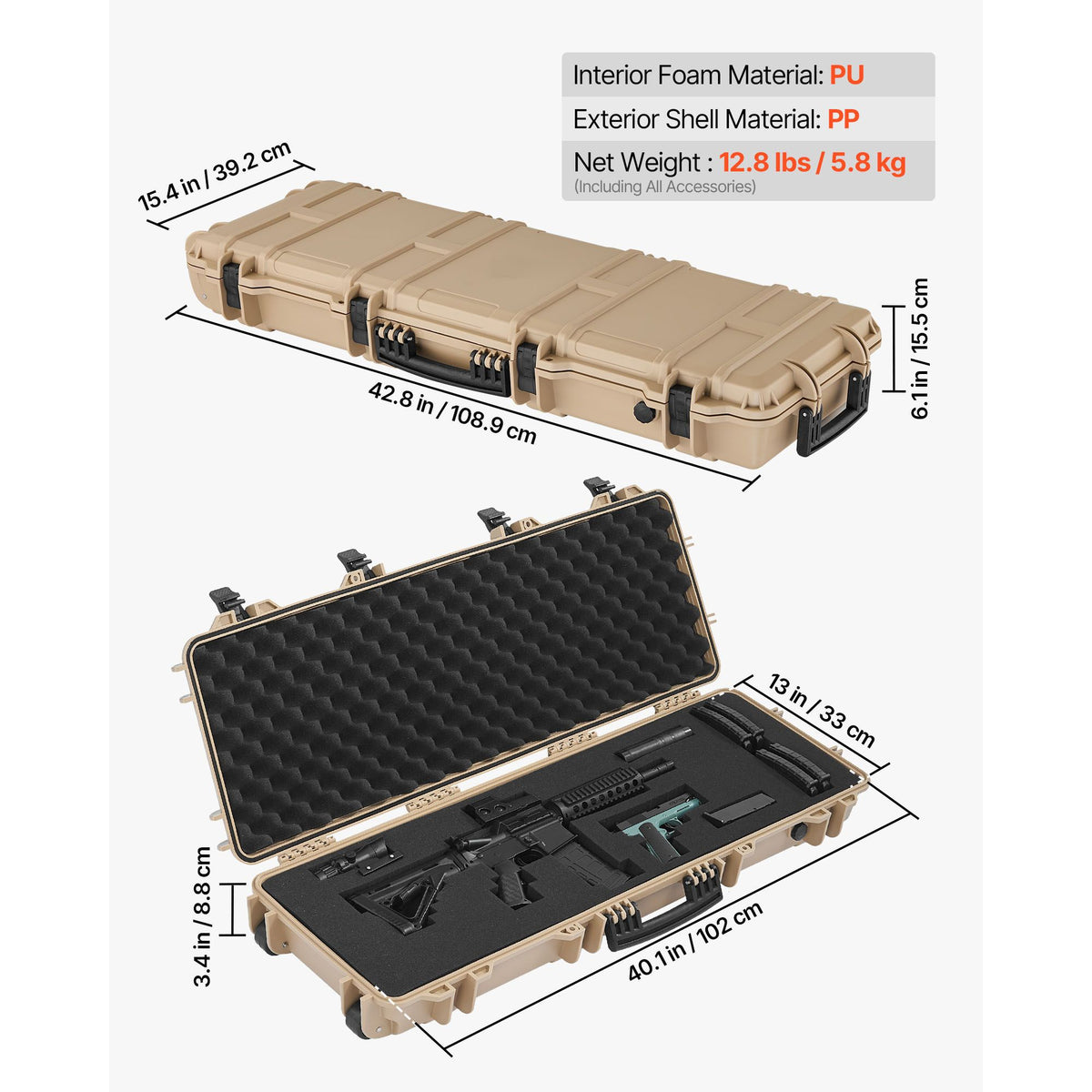 Hard Rifle Case, Lockable Rifle Case with Pre-cut Foams, 1016 mm Gun Storage with Wheels, IP67 Waterproof & Dustproof Movable Large Pistol Storage for Rifles, Shotguns, Airsoft Guns, Khaki