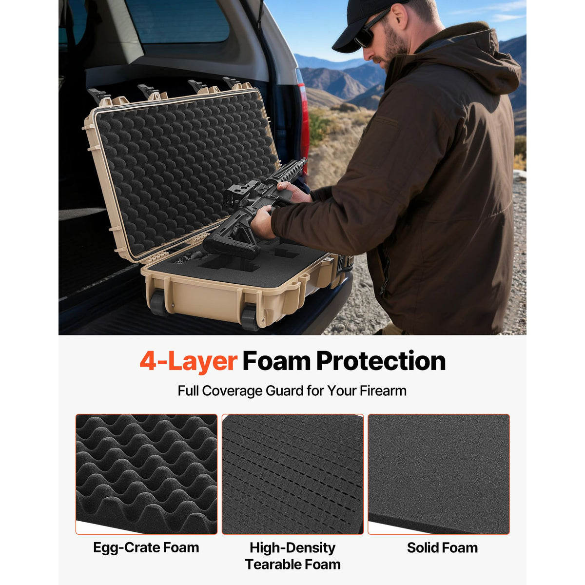 Hard Rifle Case, Lockable Rifle Case with Pre-cut Foams, 1016 mm Gun Storage with Wheels, IP67 Waterproof & Dustproof Movable Large Pistol Storage for Rifles, Shotguns, Airsoft Guns, Khaki